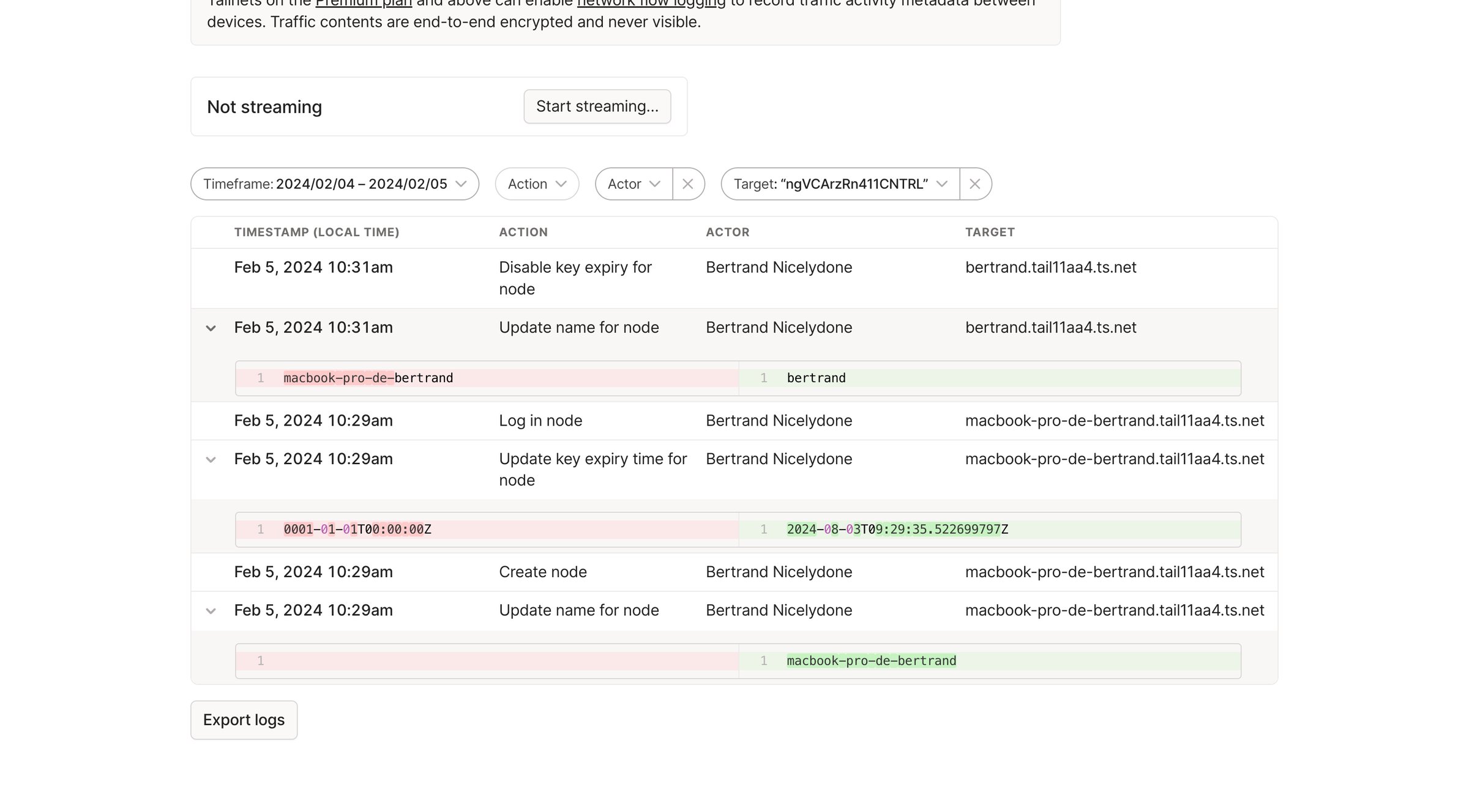 Tailscale - Configuration logs - Tailscale screen
