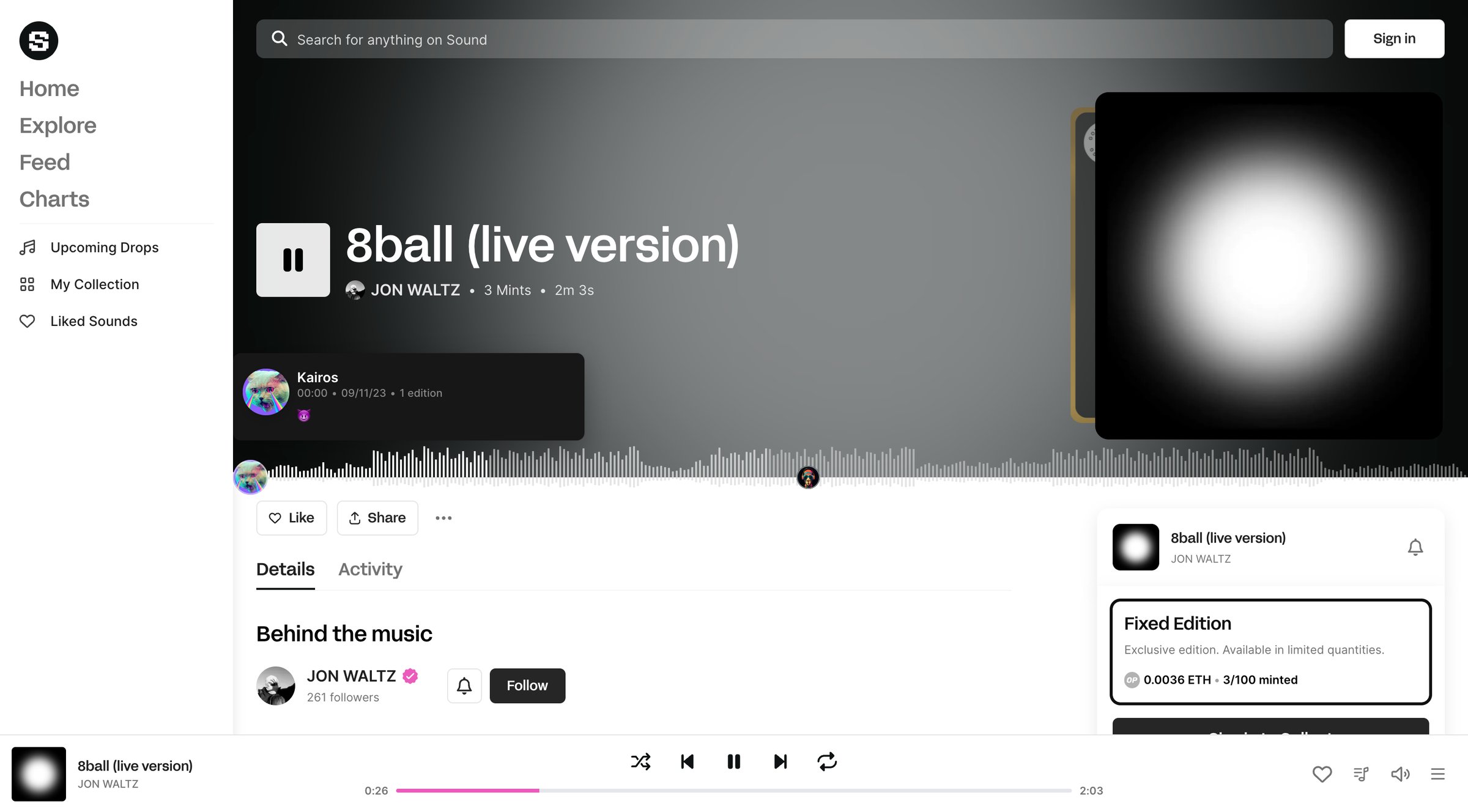 Sound.xyz - 8ball live version • JON WALTZ screen