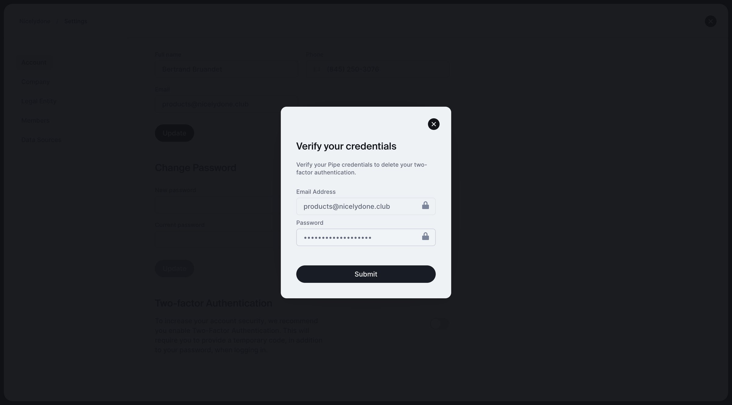 Pipe - Account screen