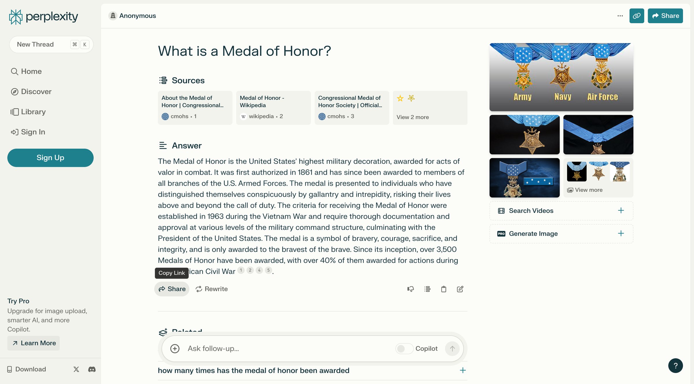 Perplexity - What is a Medal of Honor screen