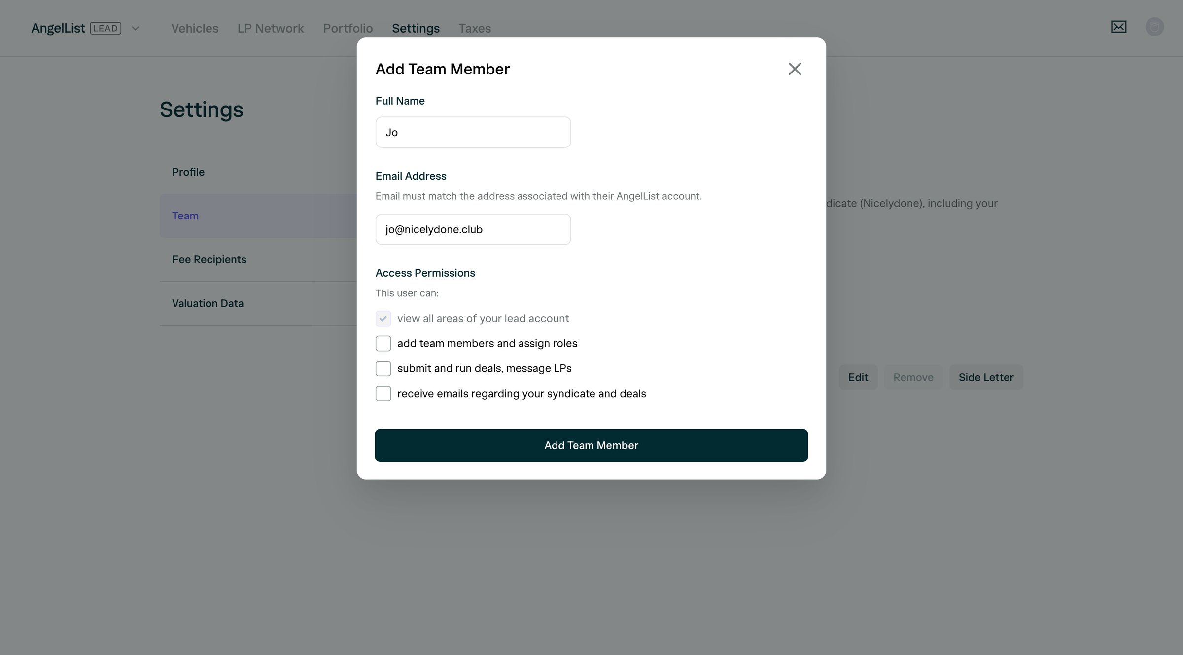 Angellist - Syndicate Settings | AngelList screen