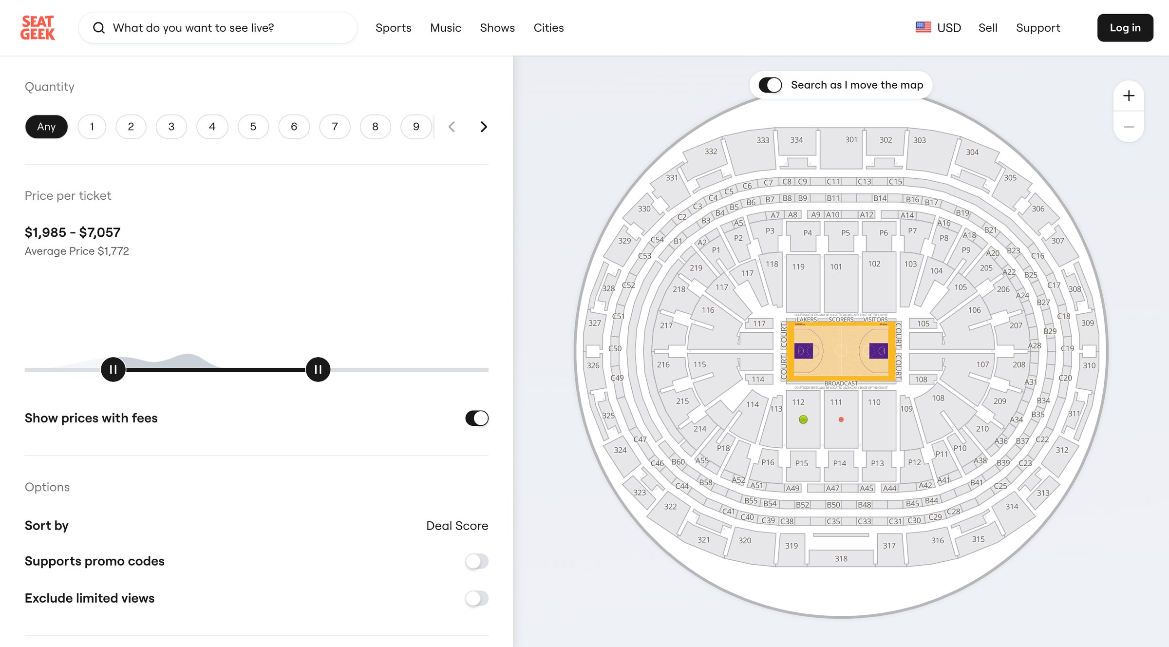SeatGeek - Preseason Bucks at Lakers Tickets in Los Angeles Crypto.com Arena screen