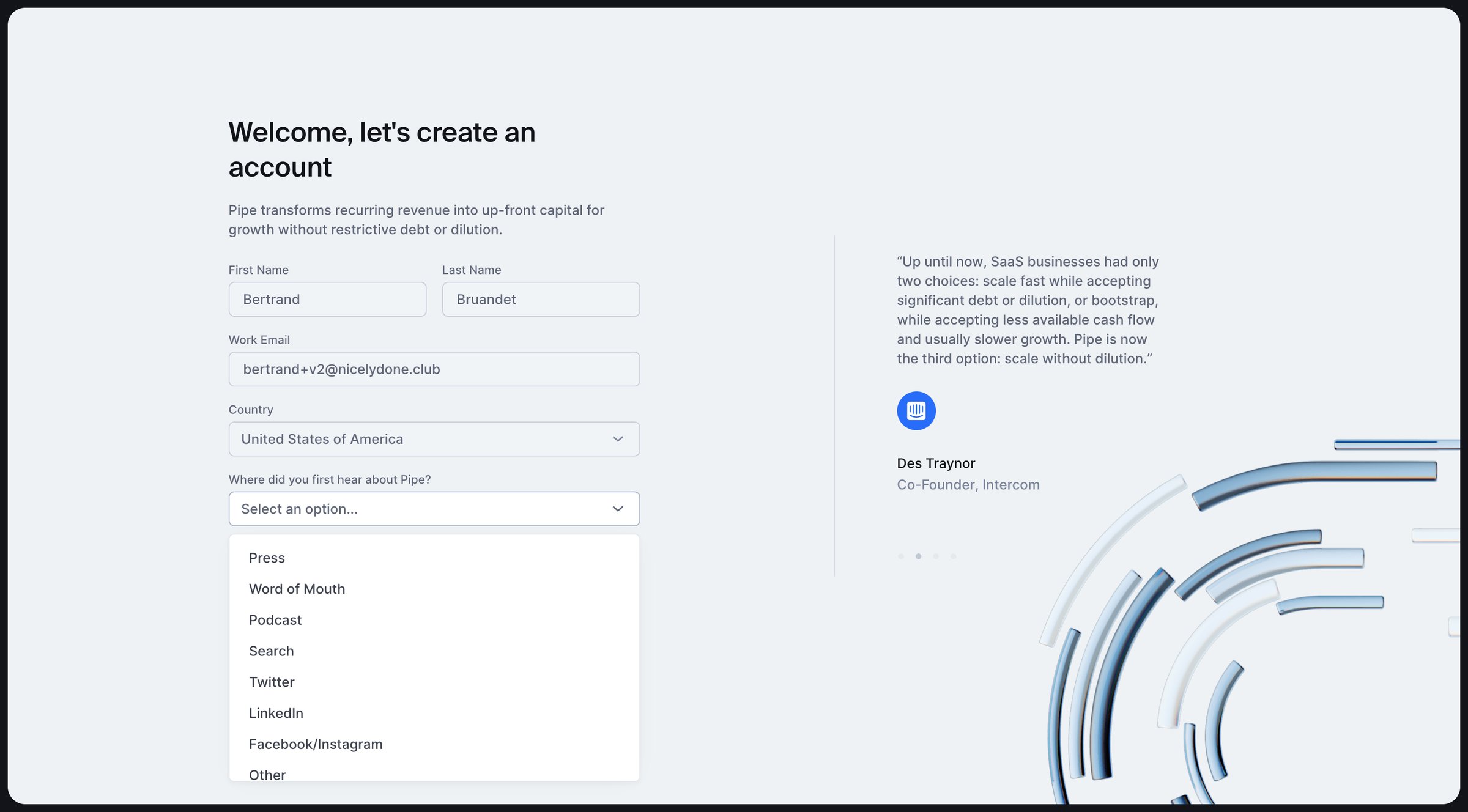 Pipe - Lets create an account screen