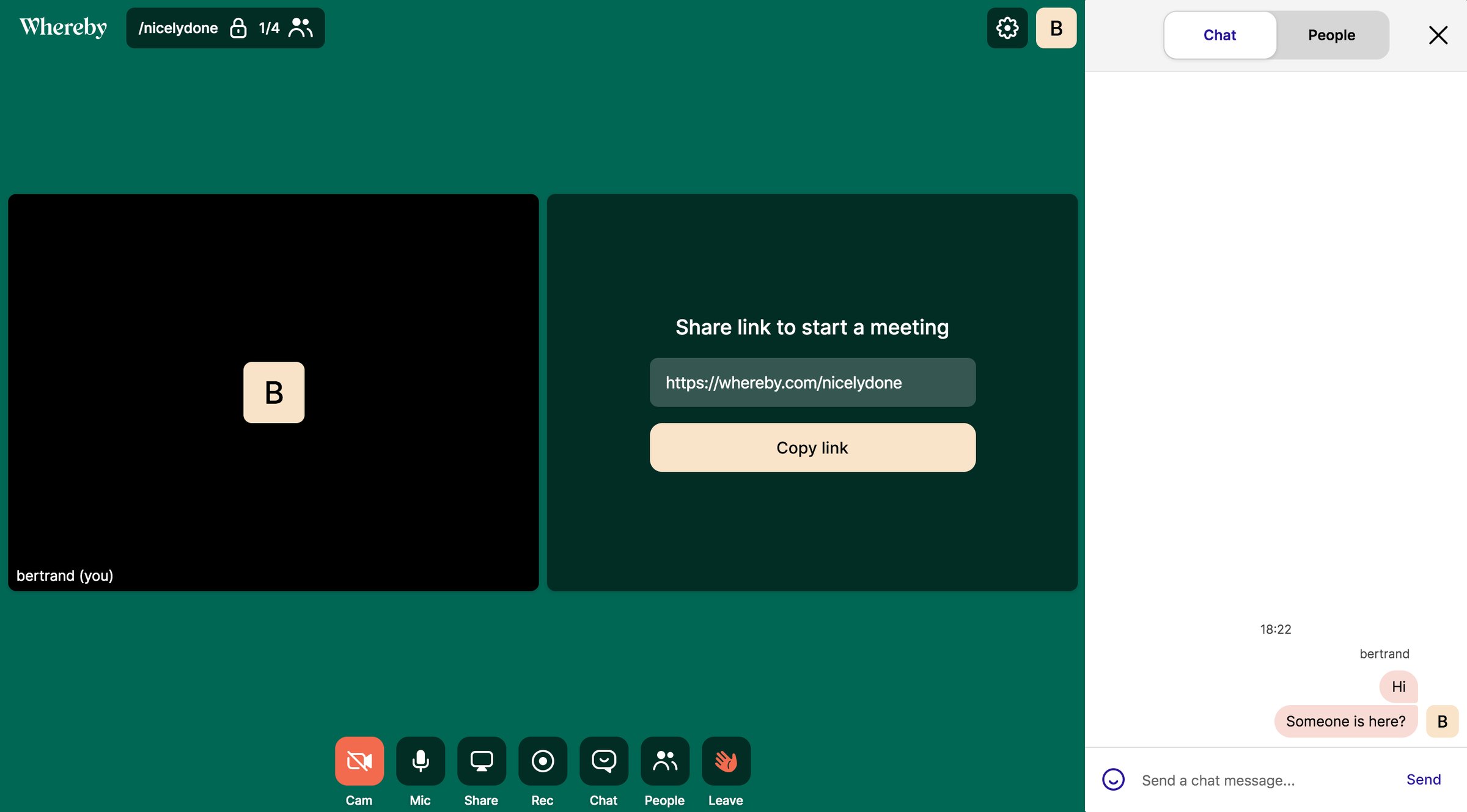Whereby - Room chat screen