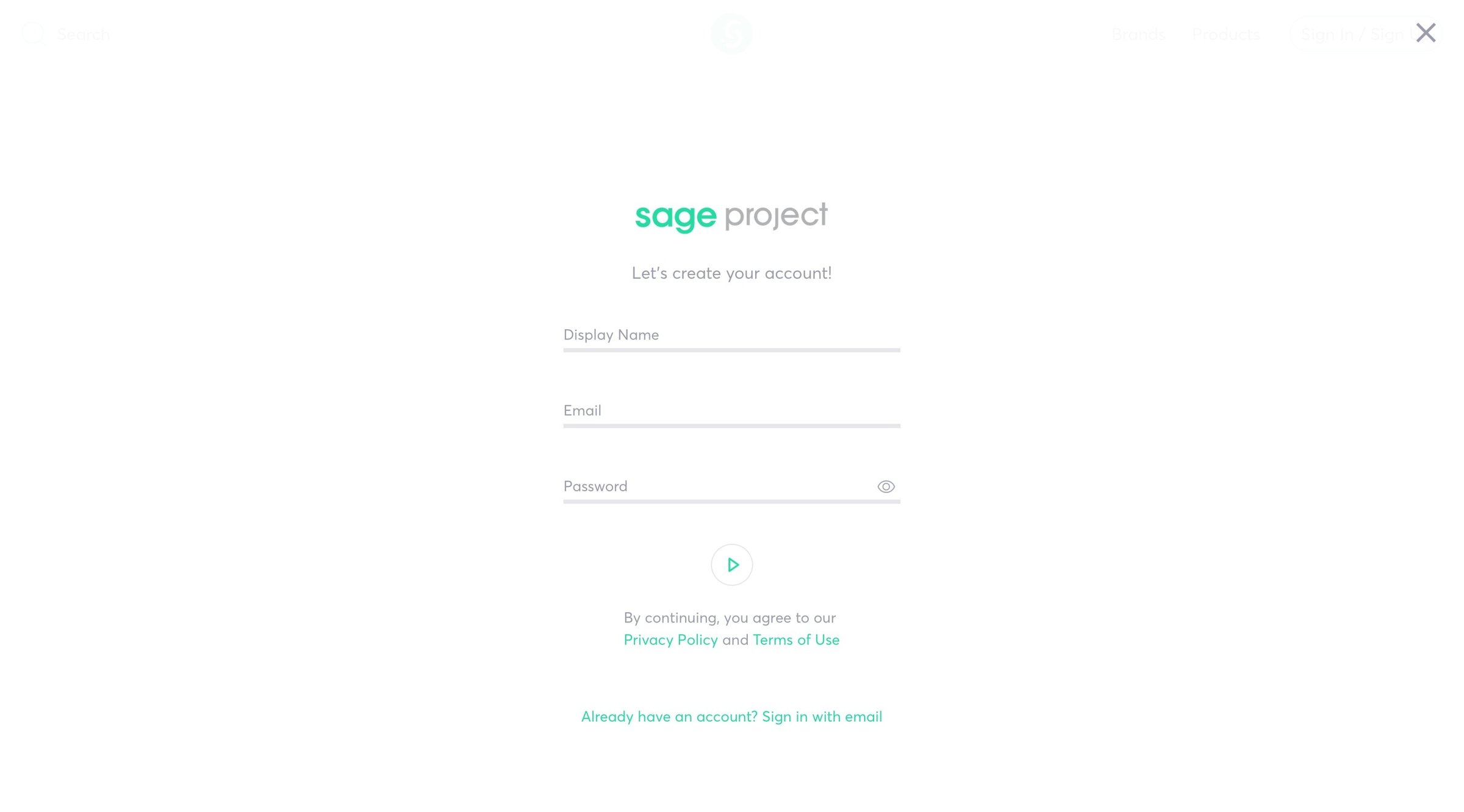 Sage project - Sign up screen