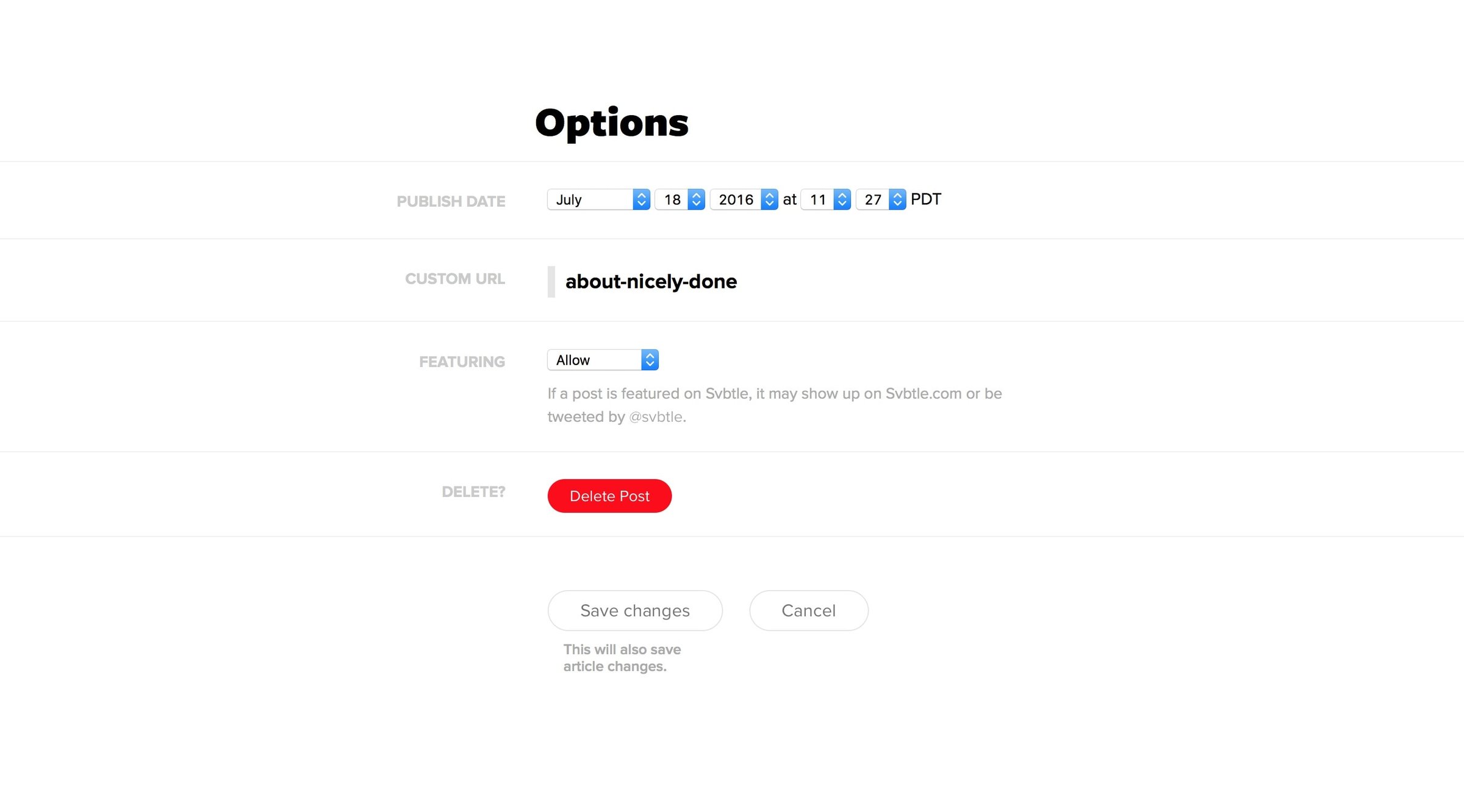 Svbtle - Settings screen