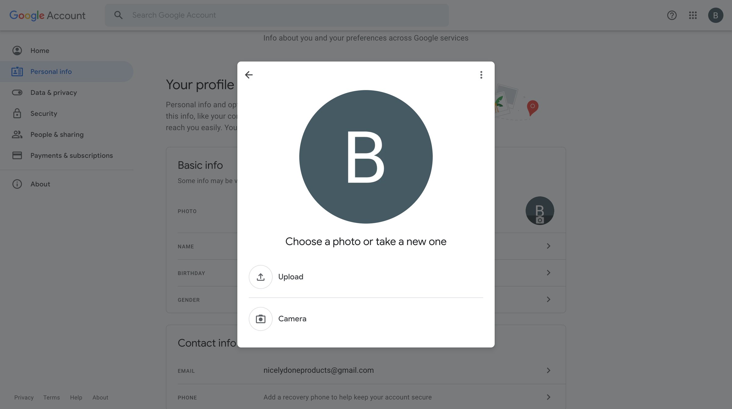 Google Account - Personal info screen
