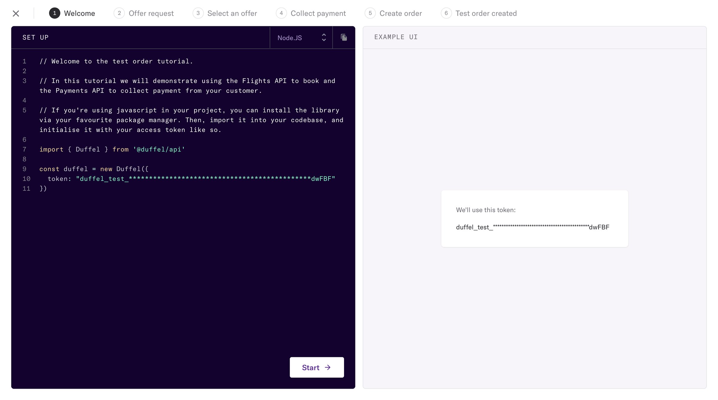 Duffel - Duffel – Welcome to the test order tutorial screen