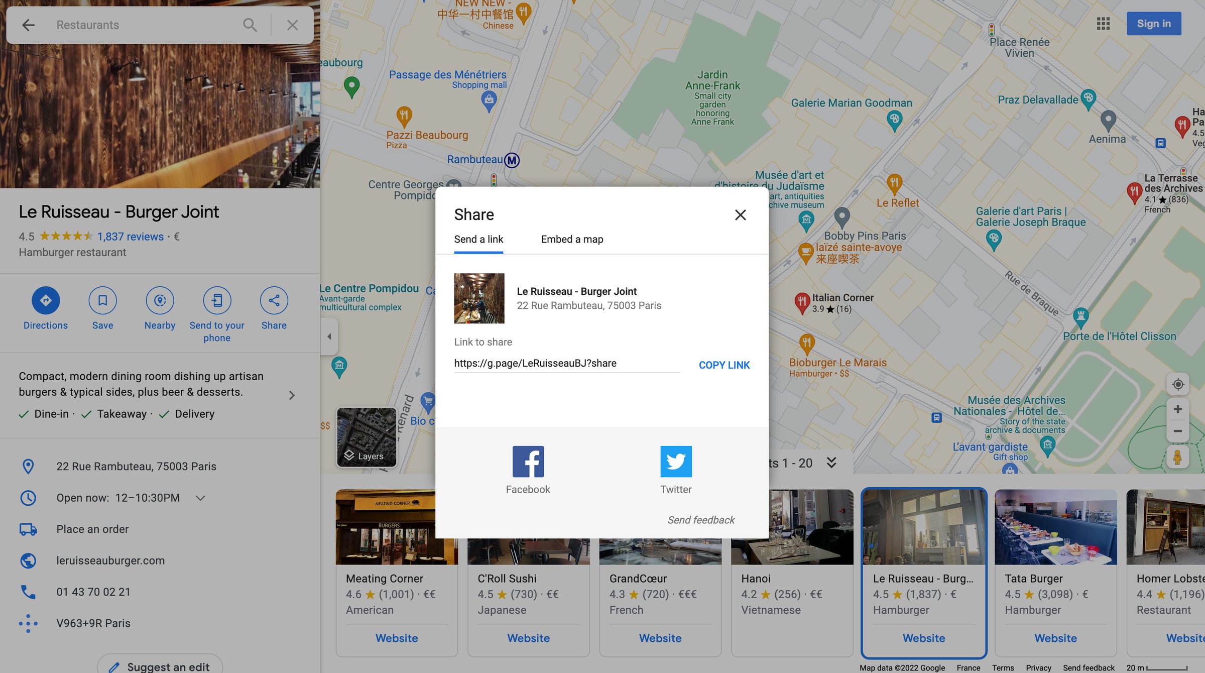 Google maps - Le Ruisseau - Burger Joint - Google Maps screen