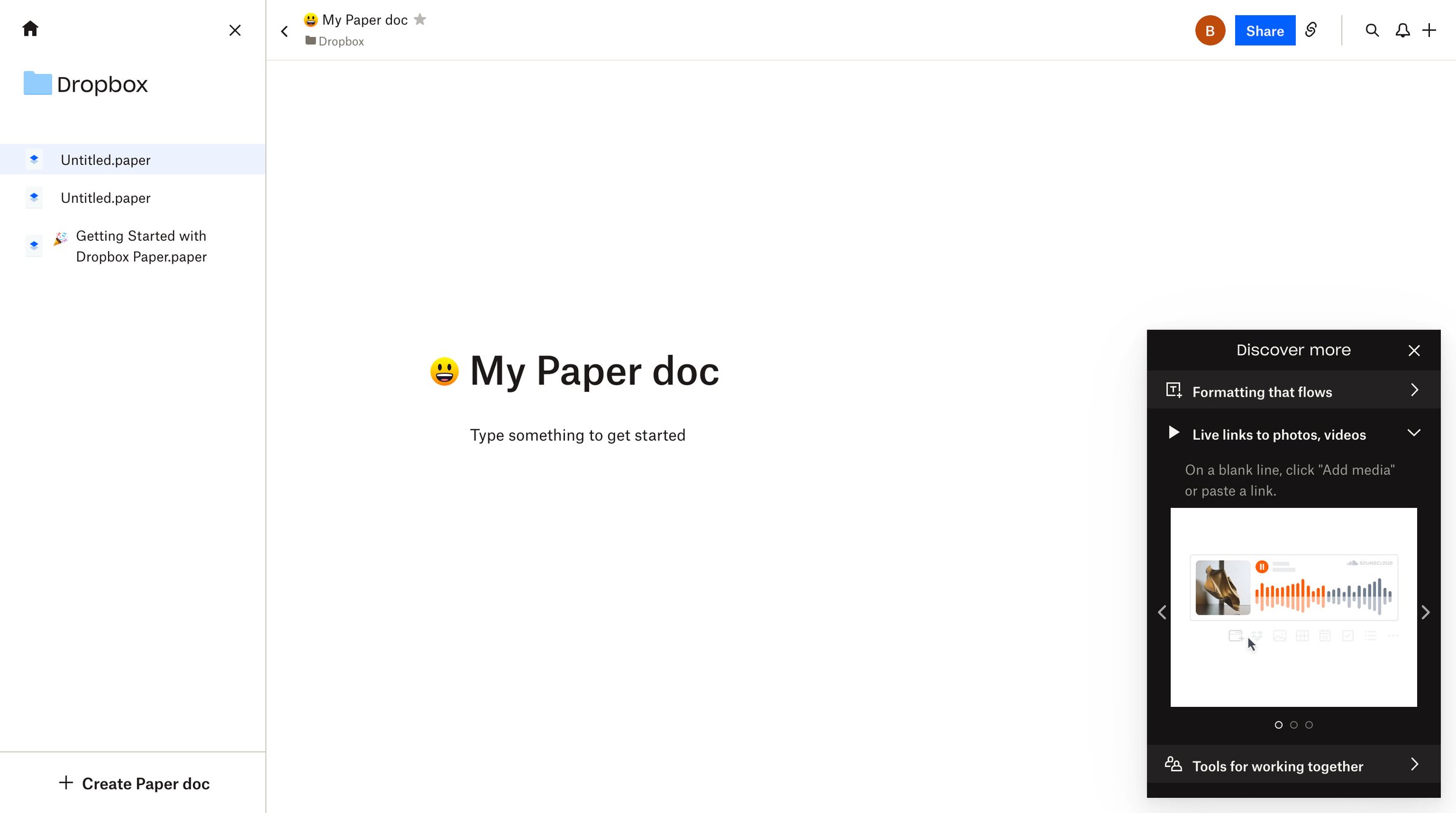 Dropbox paper - My Paper doc - Dropbox Paper screen