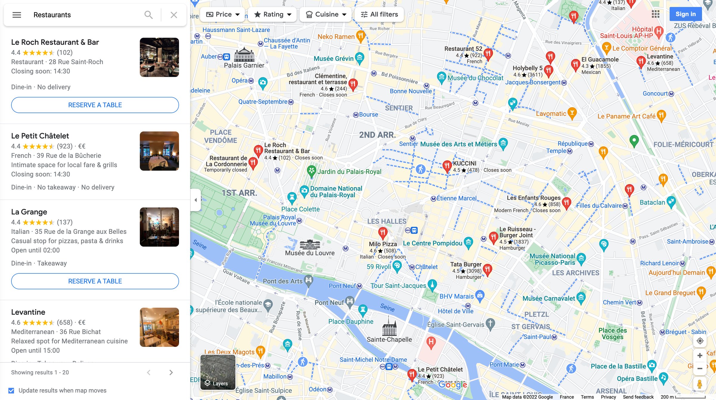 Google maps - Restaurants - Google Maps screen