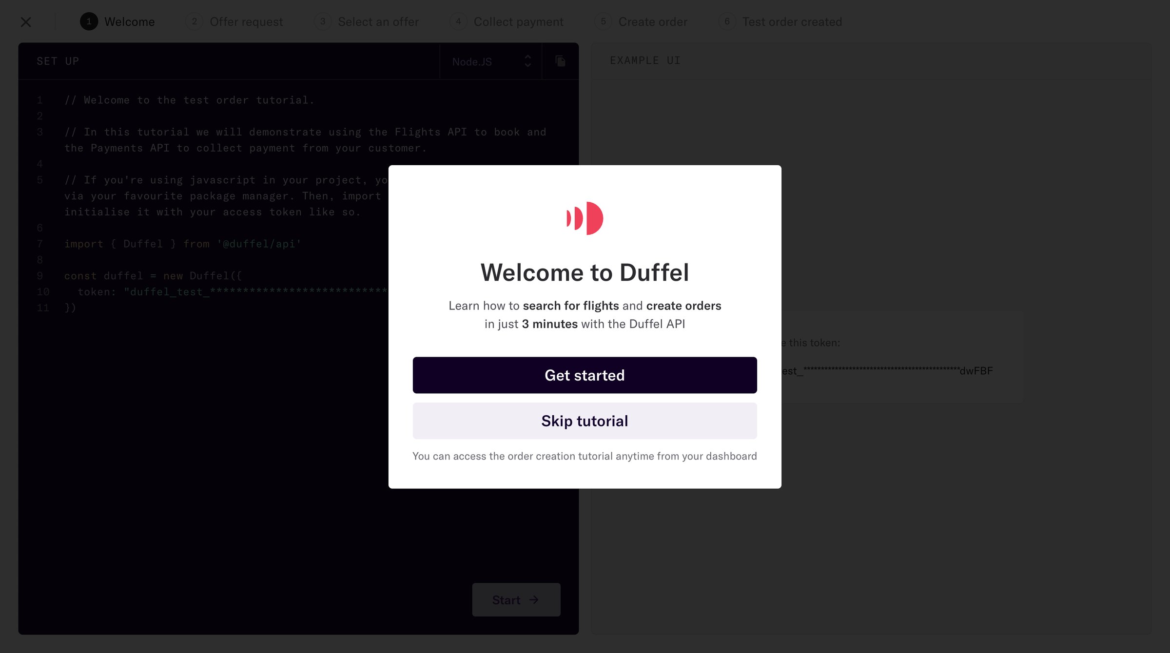 Duffel - Duffel – Welcome to the test order tutorial screen