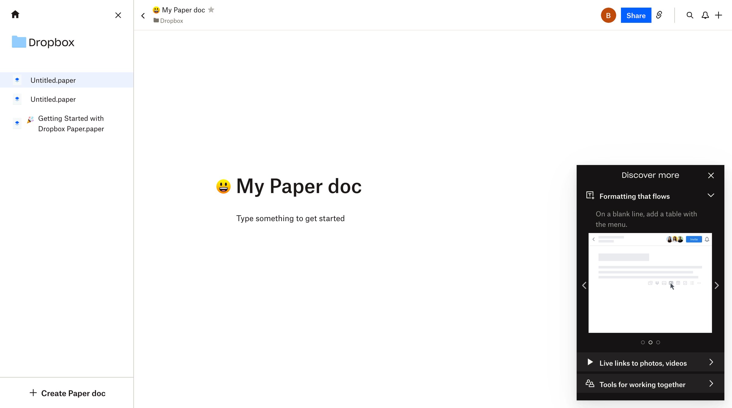 Dropbox paper - My Paper doc - Dropbox Paper screen