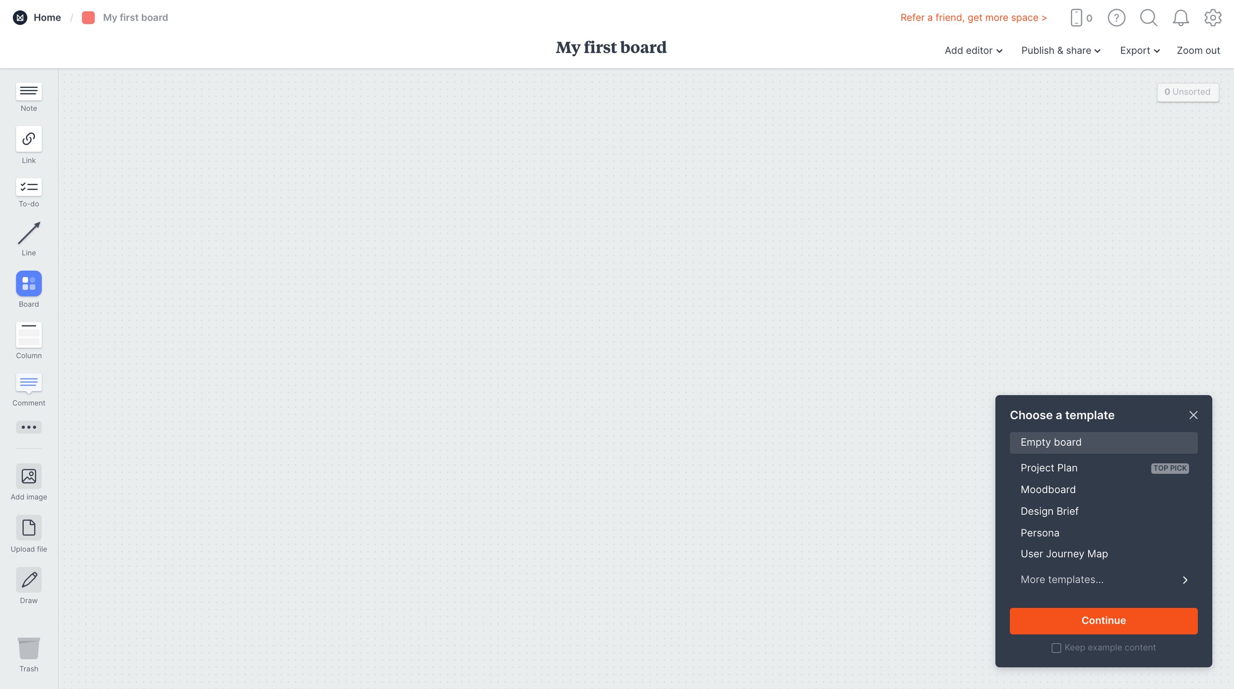 Milanote - My first board - Milanote screen