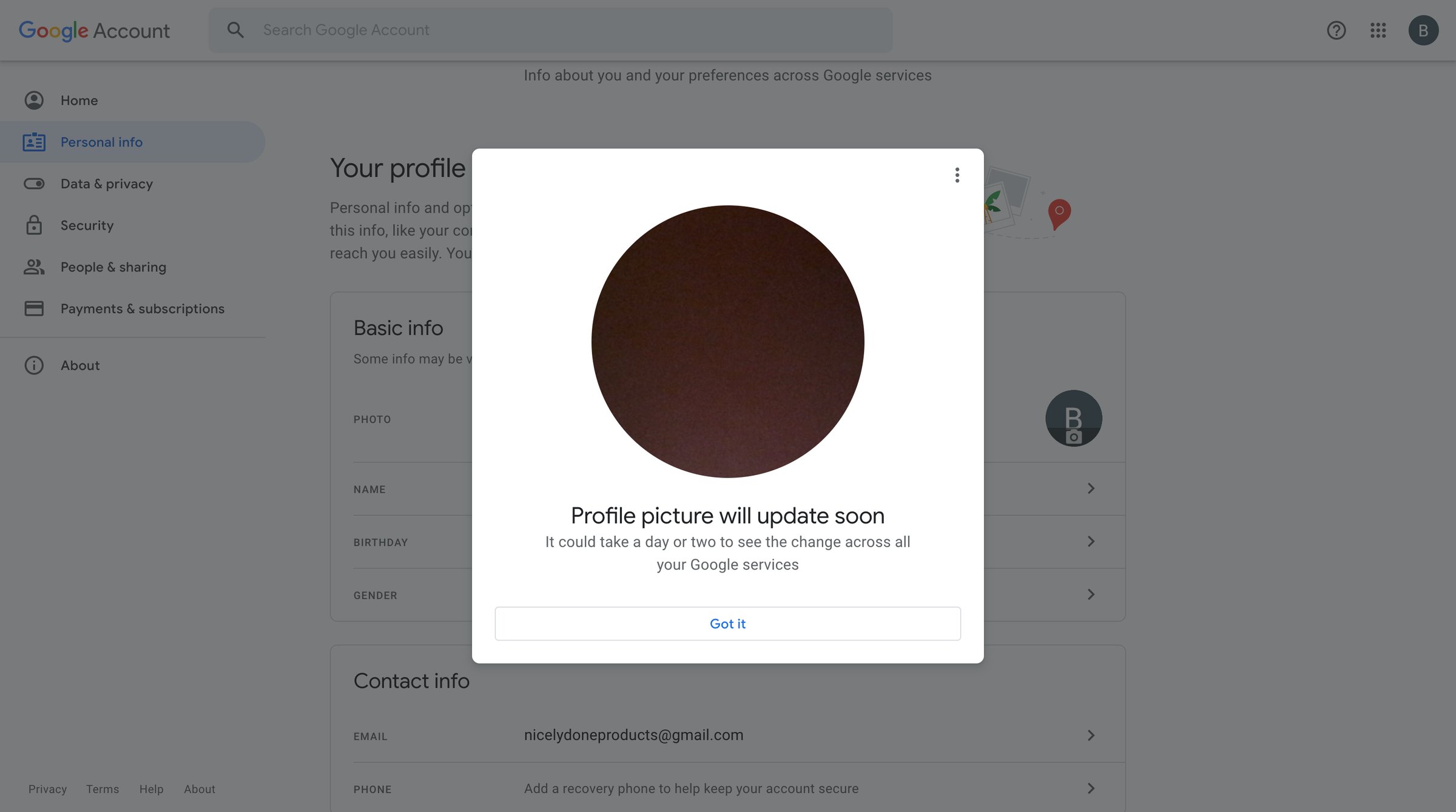 Google Account - Personal info screen