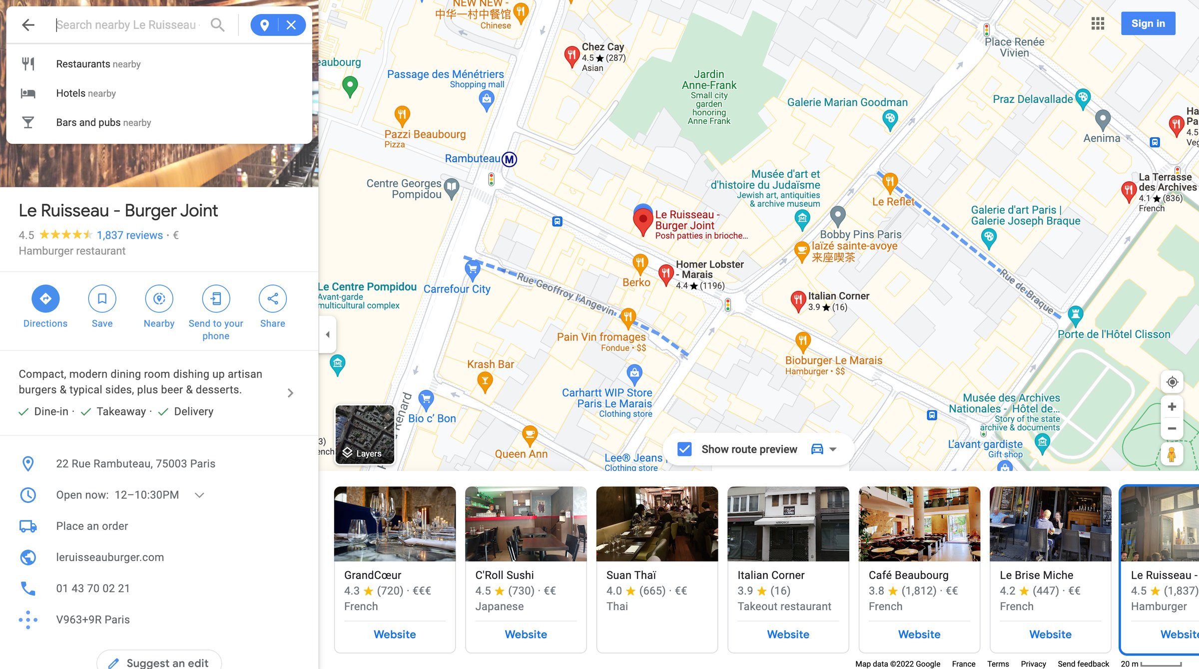 Google maps - Le Ruisseau - Burger Joint - Google Maps screen