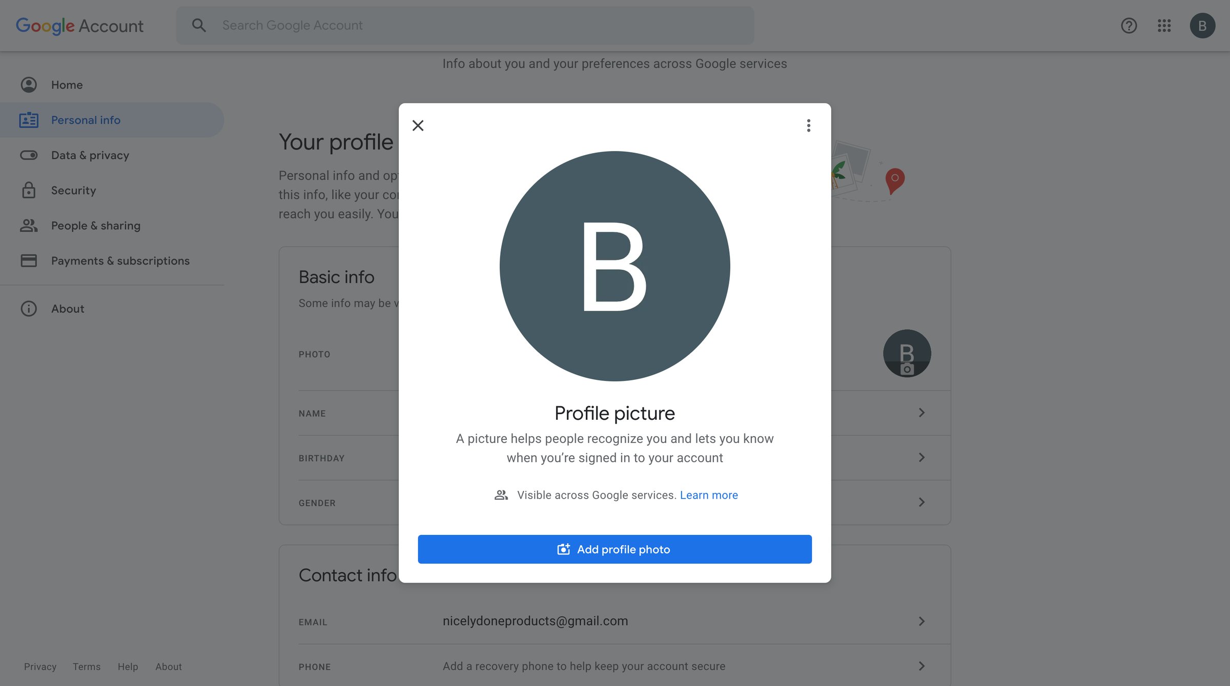 Google Account - Personal info screen