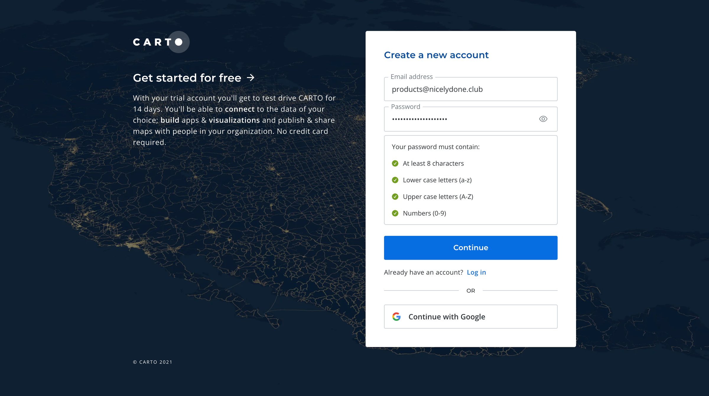 Carto - CARTO Accounts screen