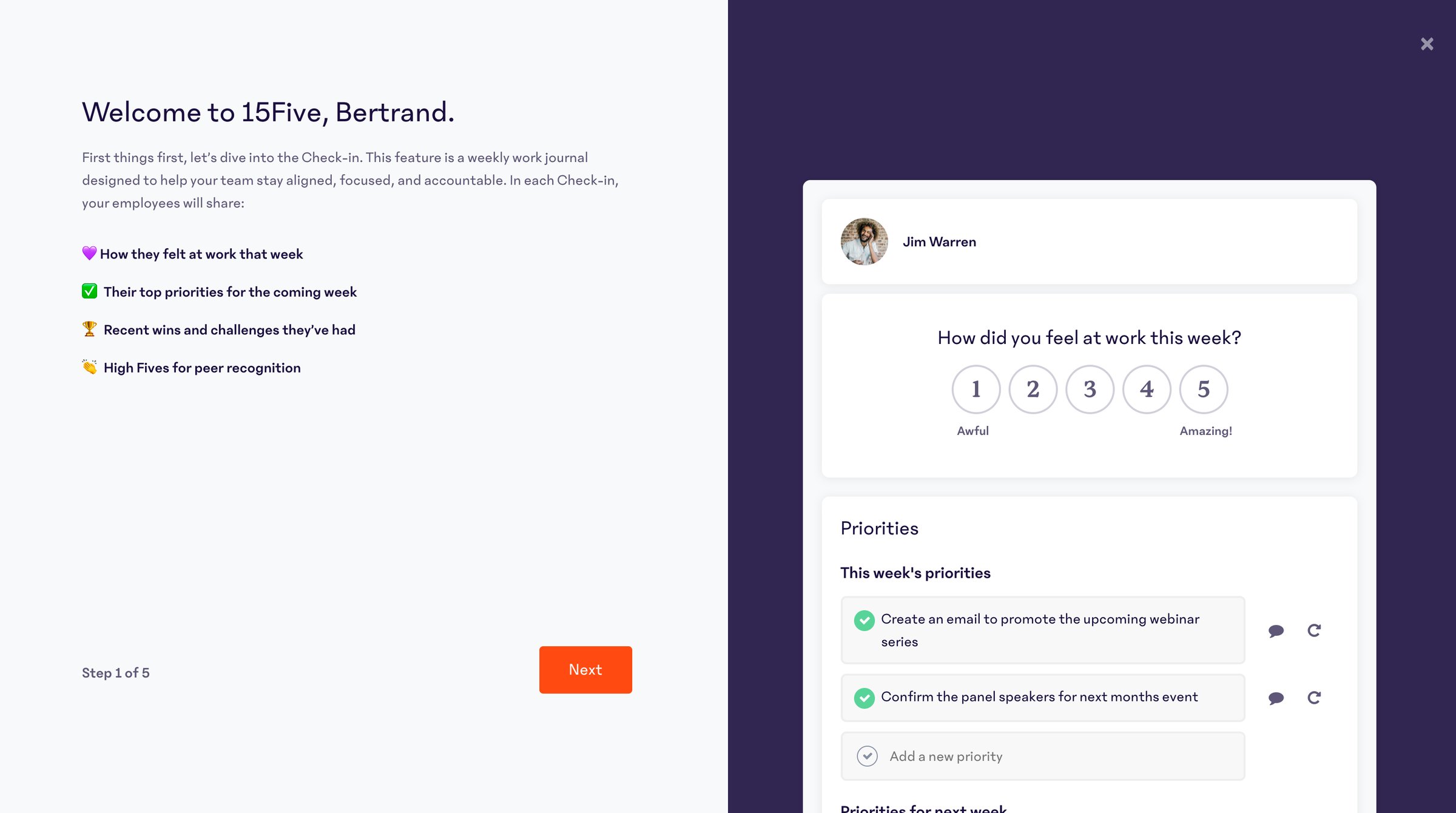 15Five - Onboarding · 15Five screen