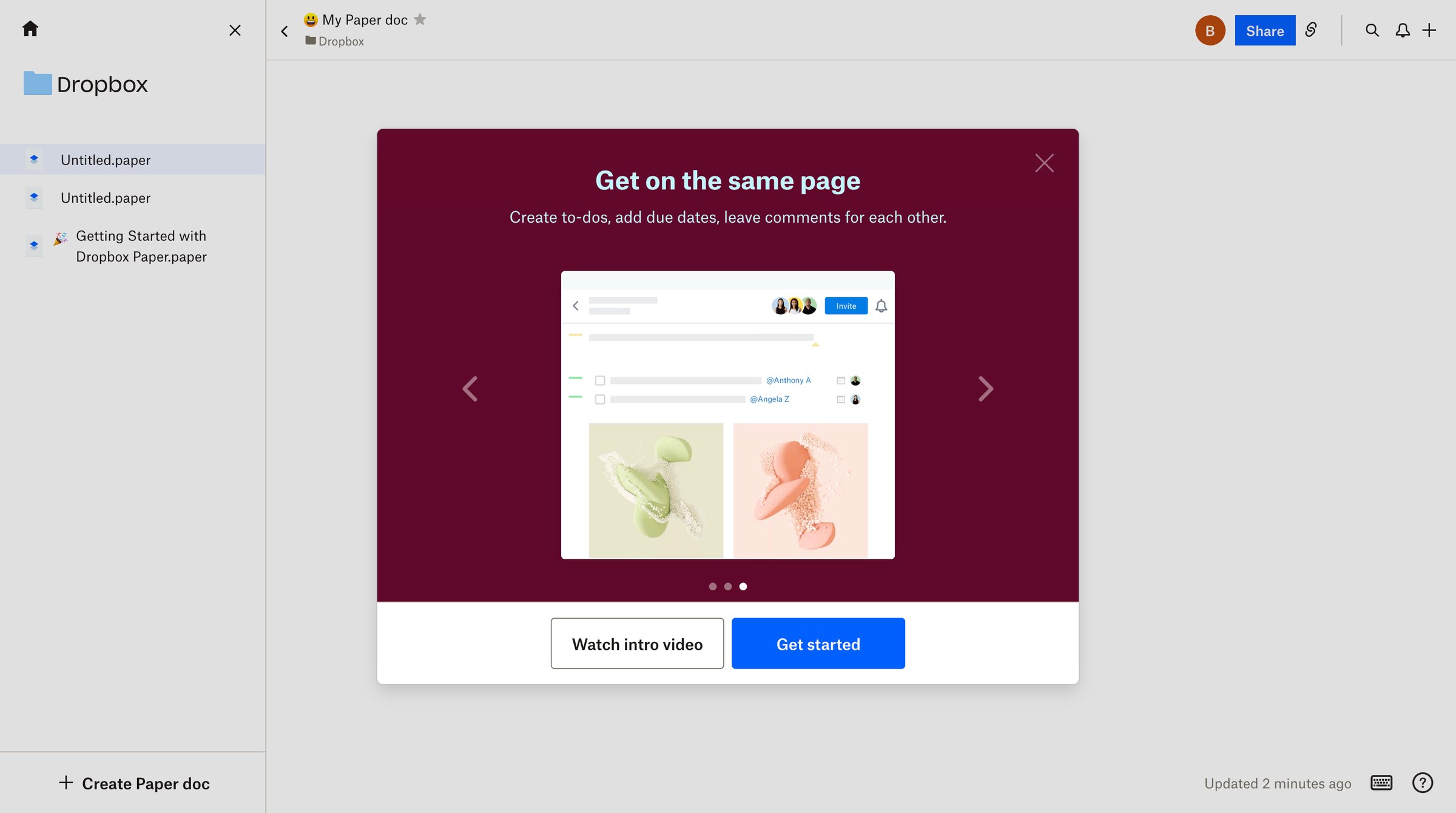 Dropbox paper - My Paper doc - Dropbox Paper screen
