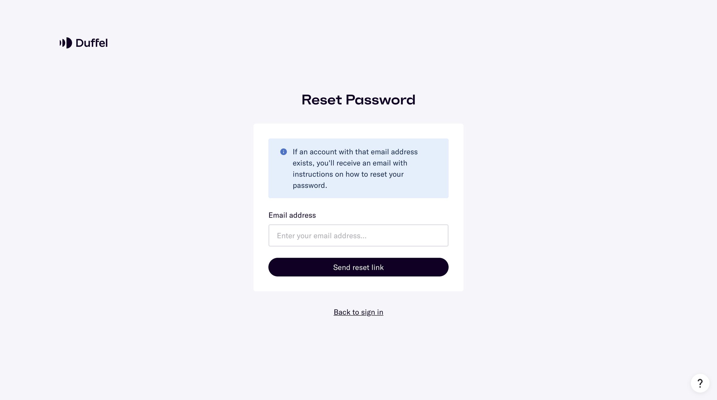 Duffel - Duffel – Reset Password screen