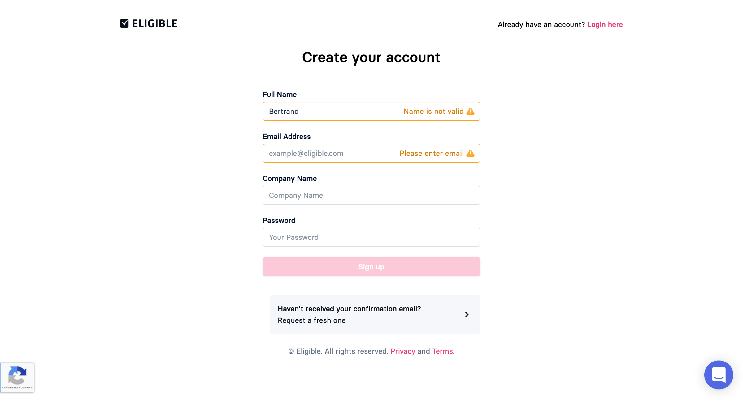 Eligible - Sign up screen