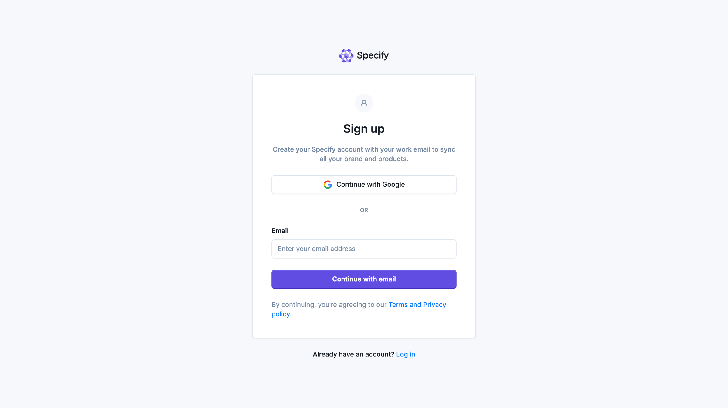 Specify - Specify · Sign up screen