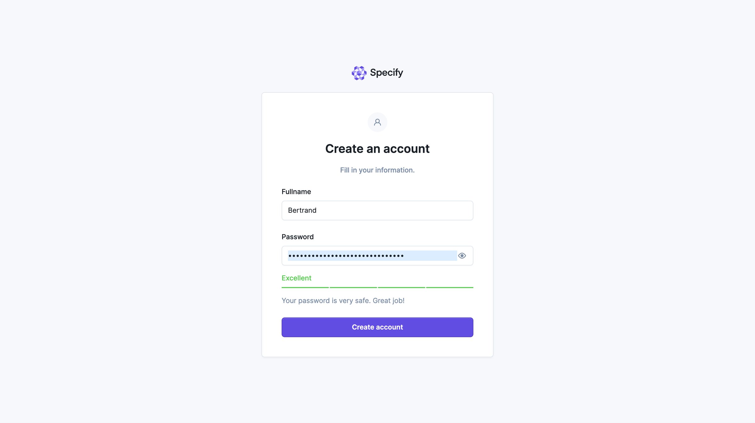 Specify - Specify · Create an account screen