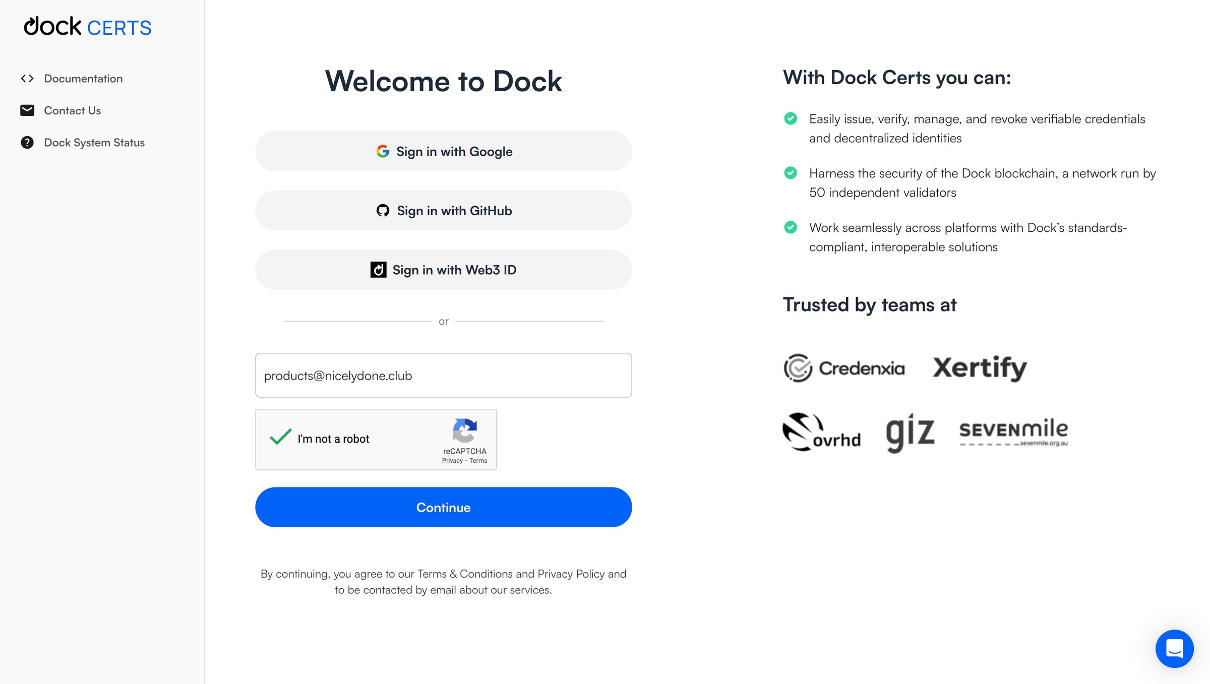 Dock - Dock Certs screen