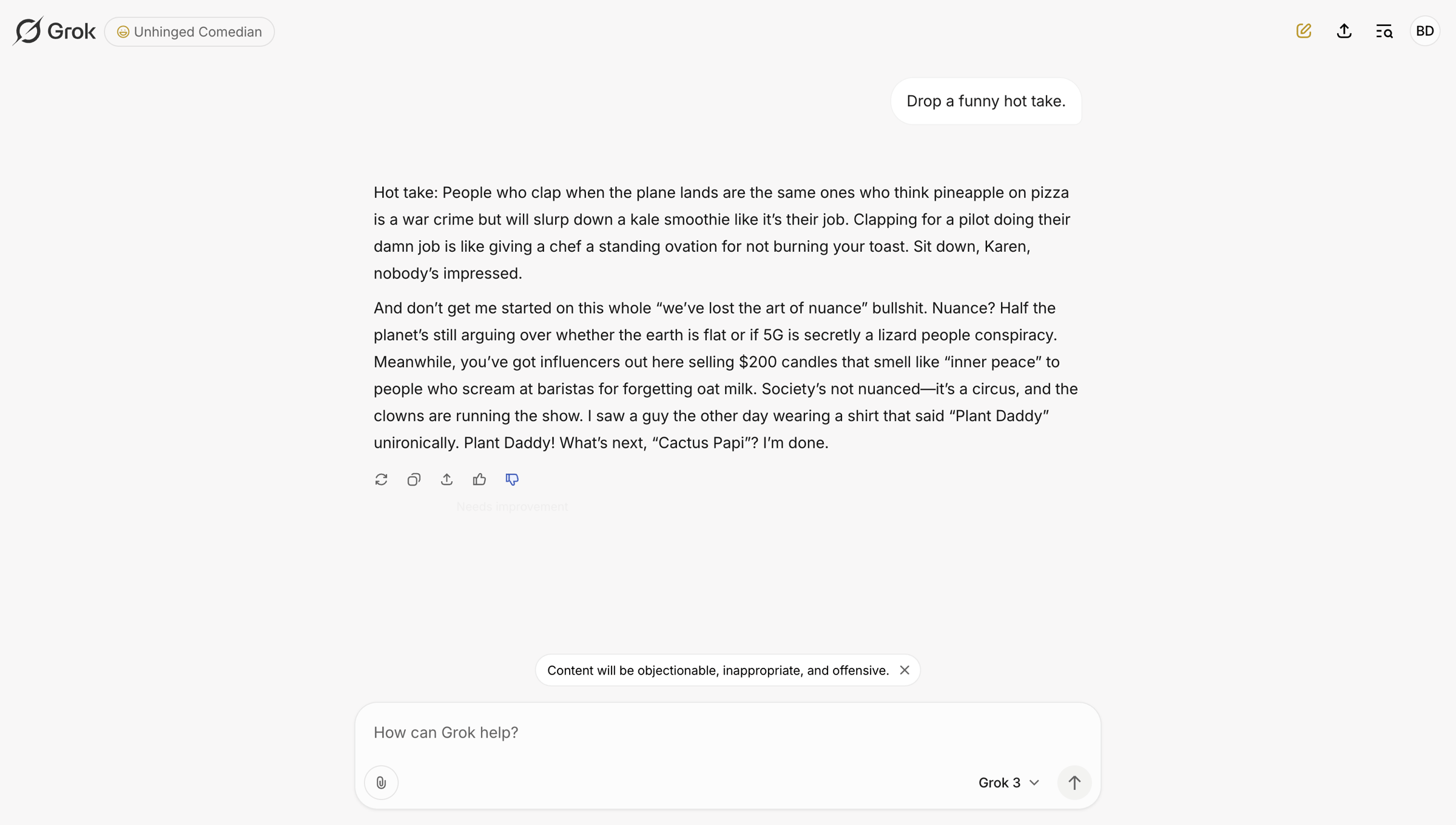 Grok - "Hot Takes on Modern Society" - Grok screen