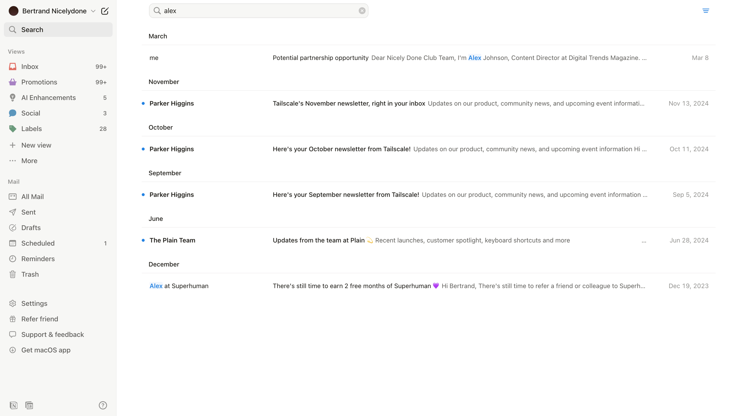 Notion Mail - Search • nicelydoneproducts@gmail.com • Notion Mail screen