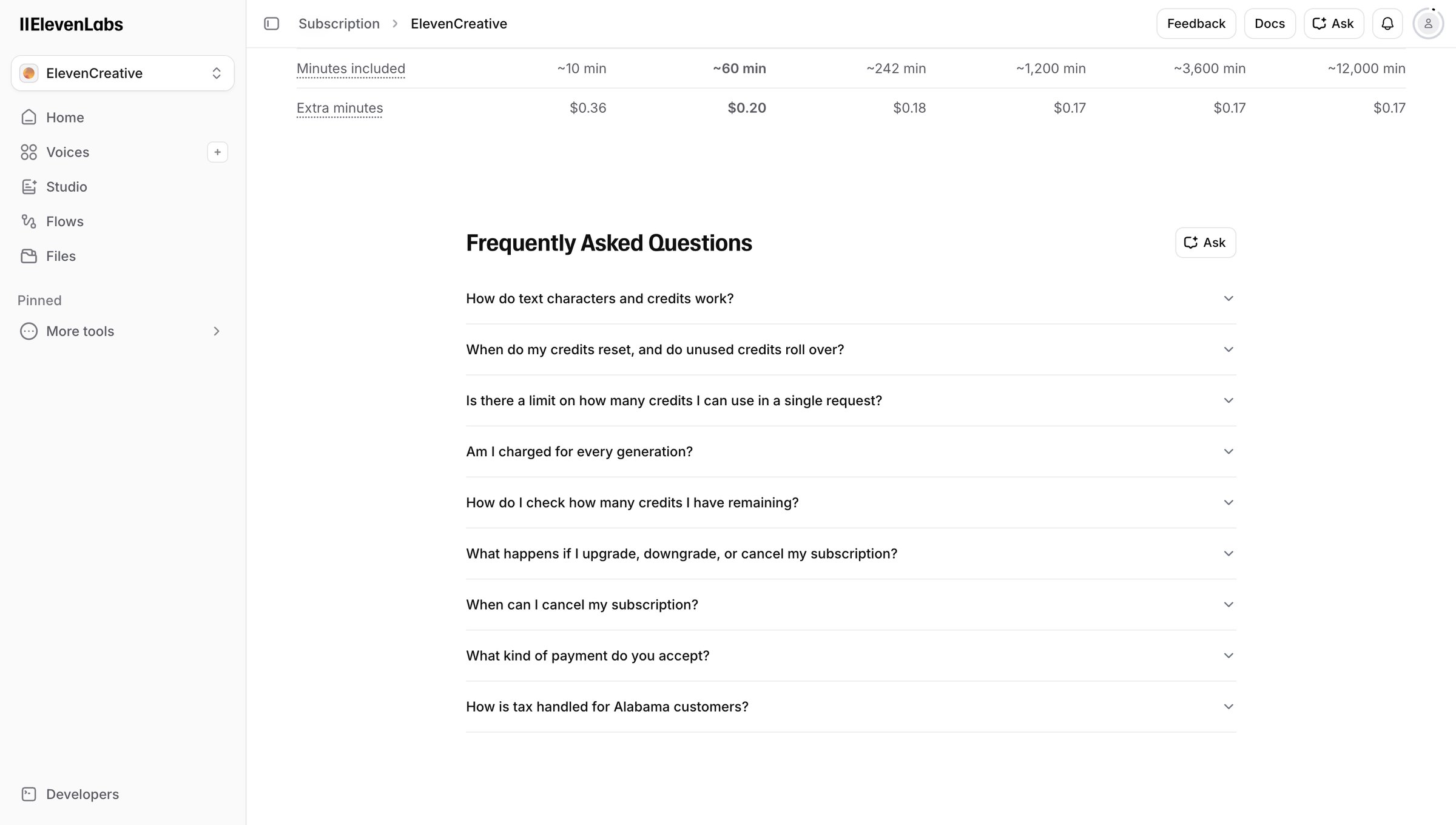 Elevenlabs - Subscription | ElevenLabs screen