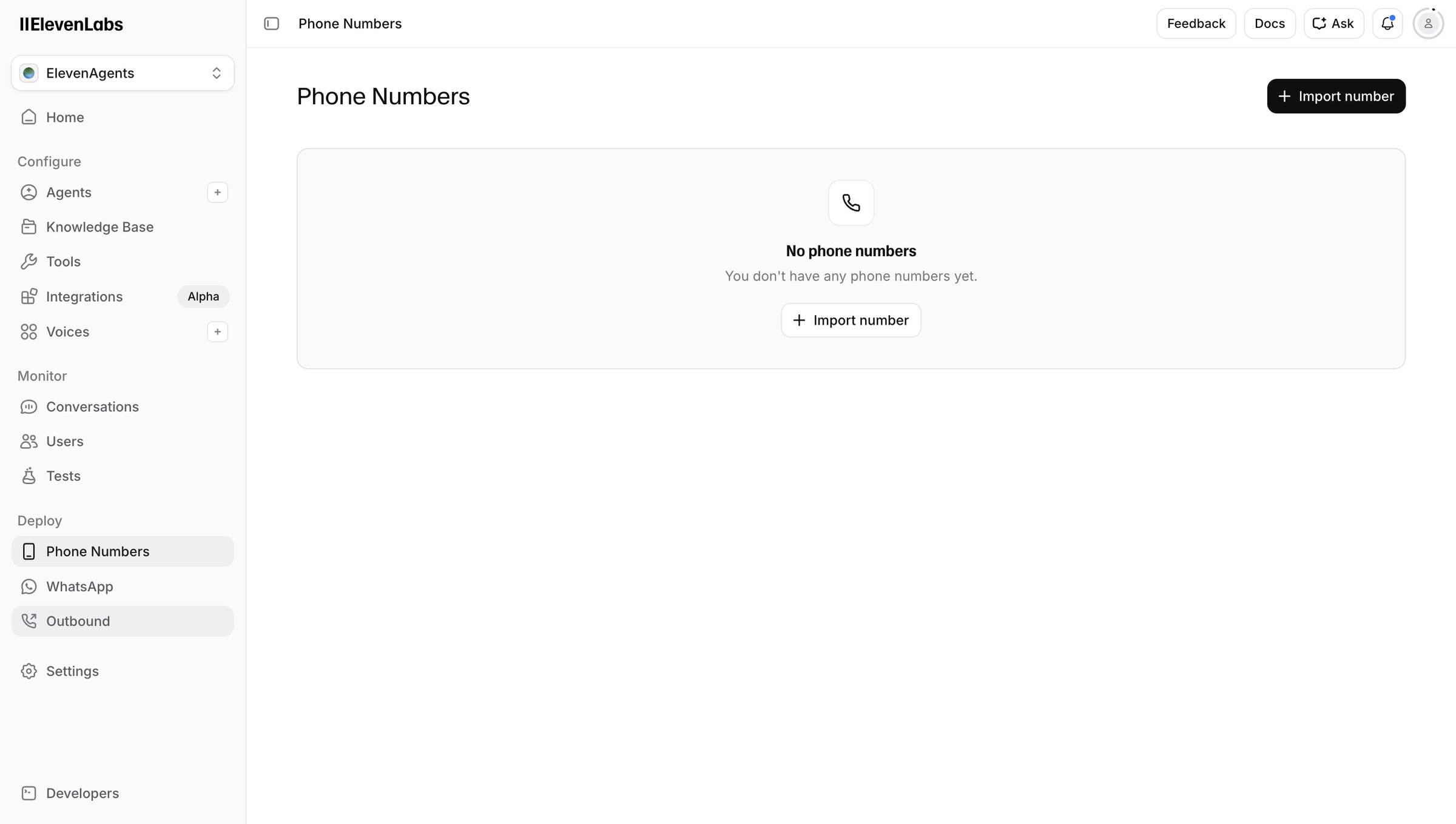 Elevenlabs - Phone Numbers | ElevenLabs screen