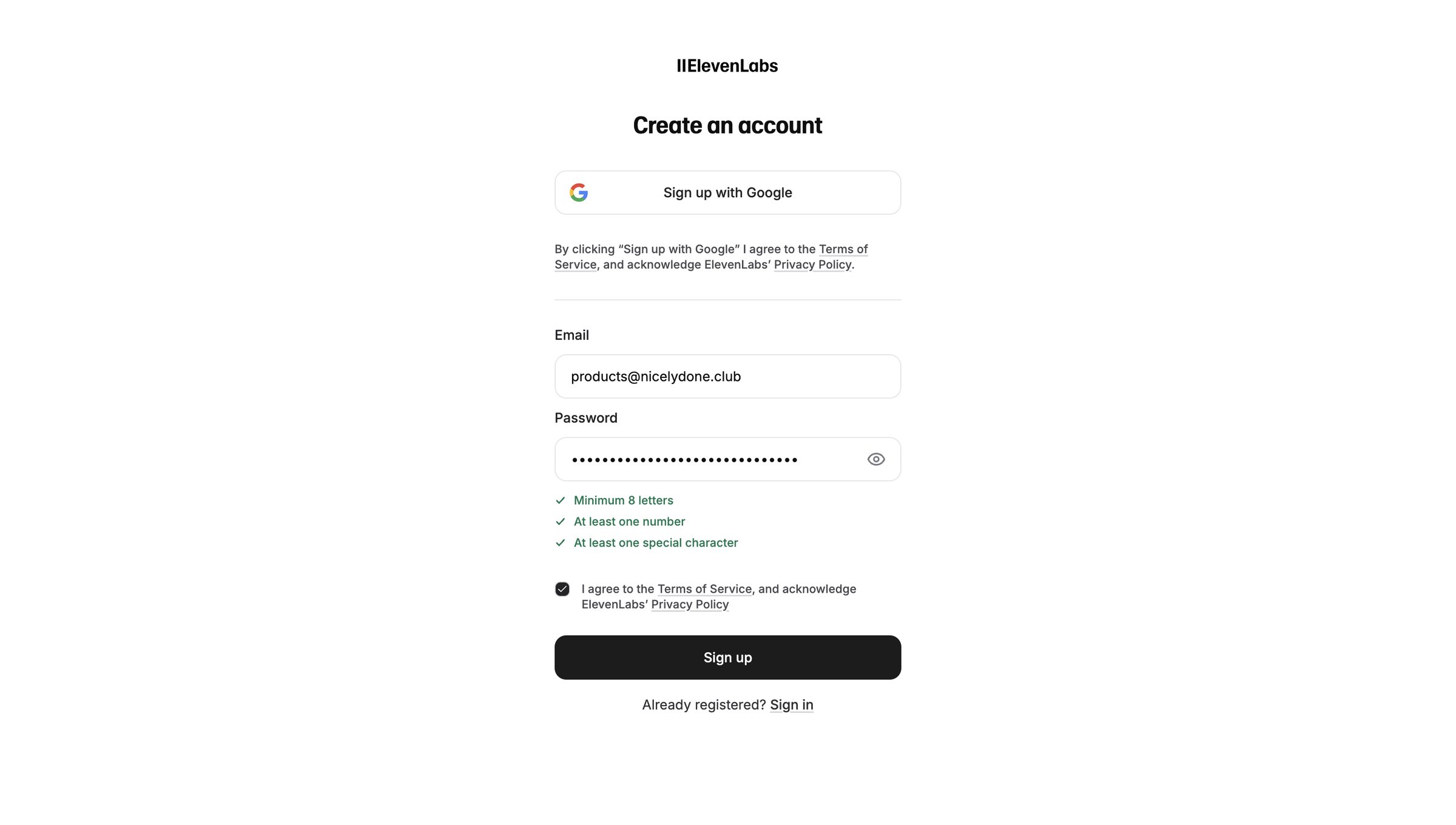 Elevenlabs - Sign Up | ElevenLabs screen