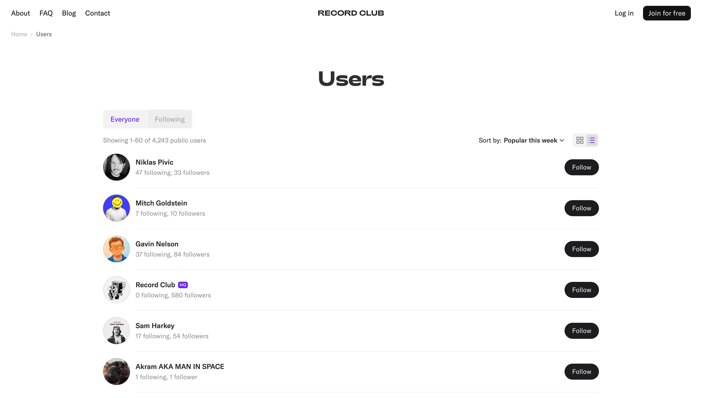 Record club - Users – Record Club screen