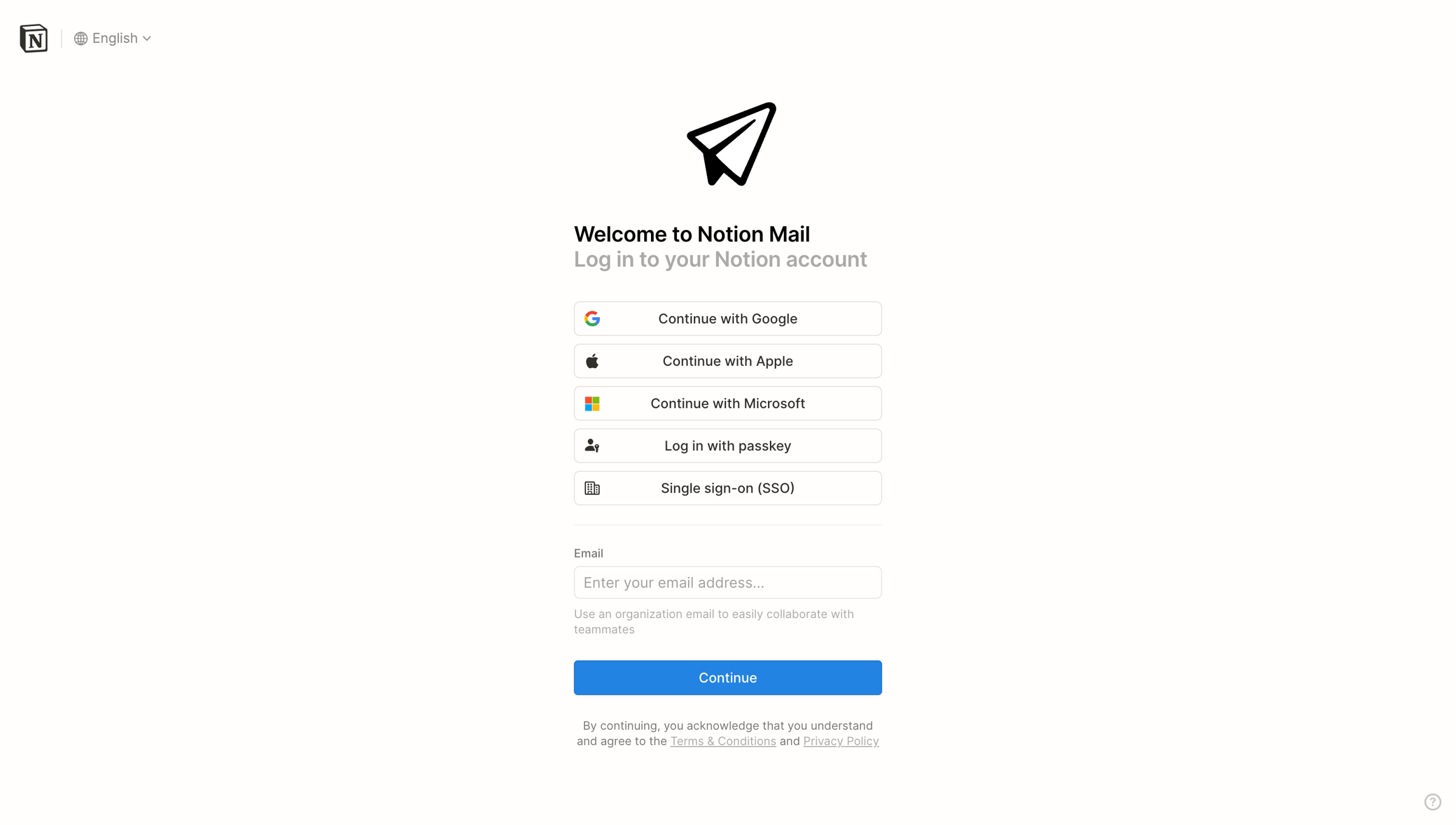 Notion Mail - Notion - Log in screen