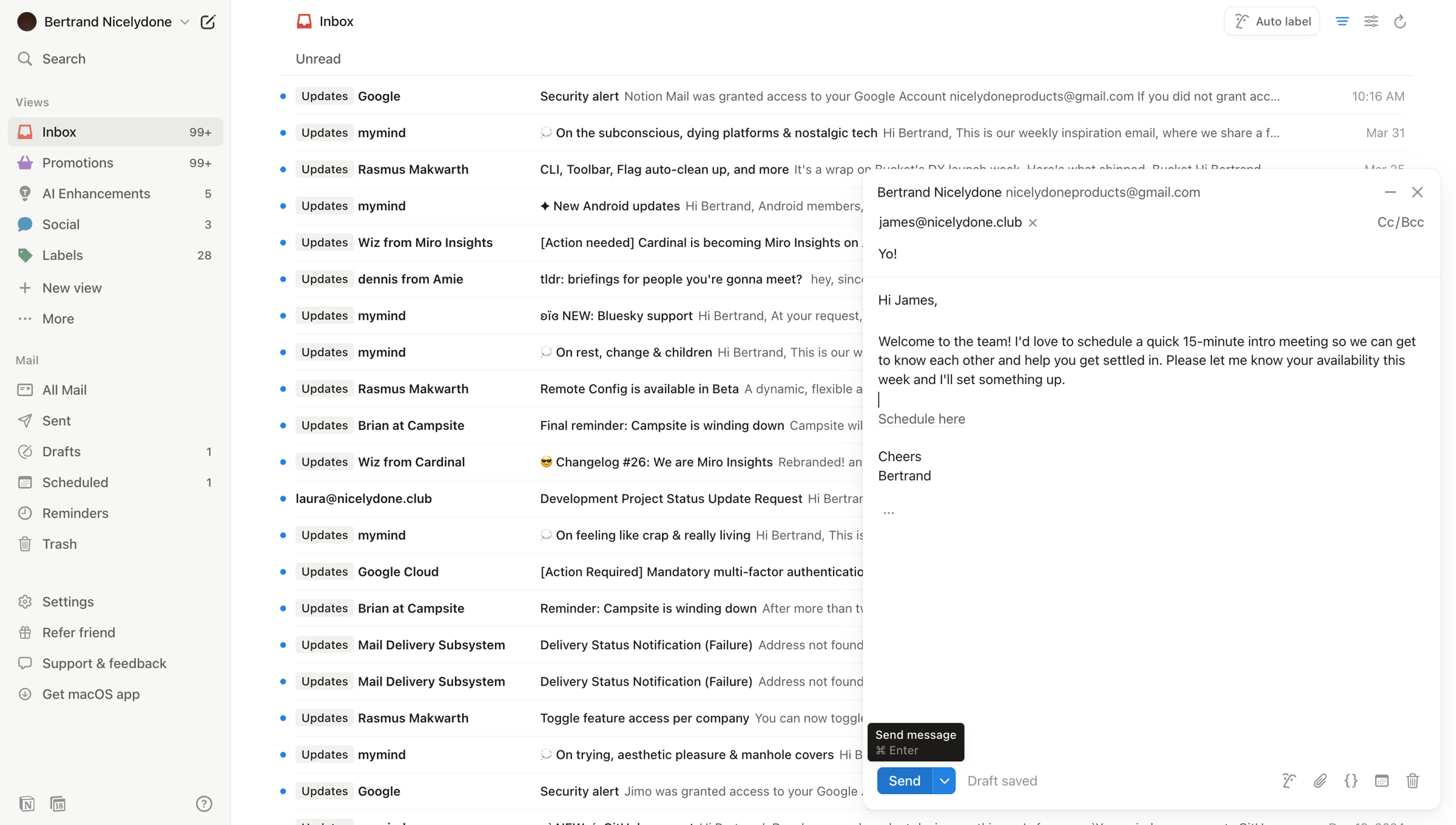 Notion Mail - 99+ • Inbox • nicelydoneproducts@gmail.com • Notion Mail screen