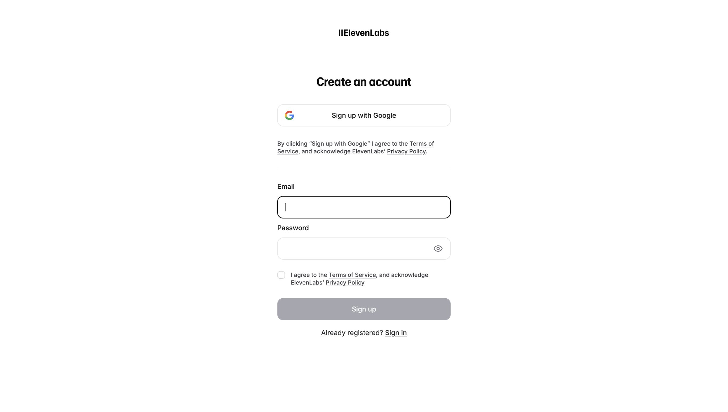 Elevenlabs - Sign Up | ElevenLabs screen