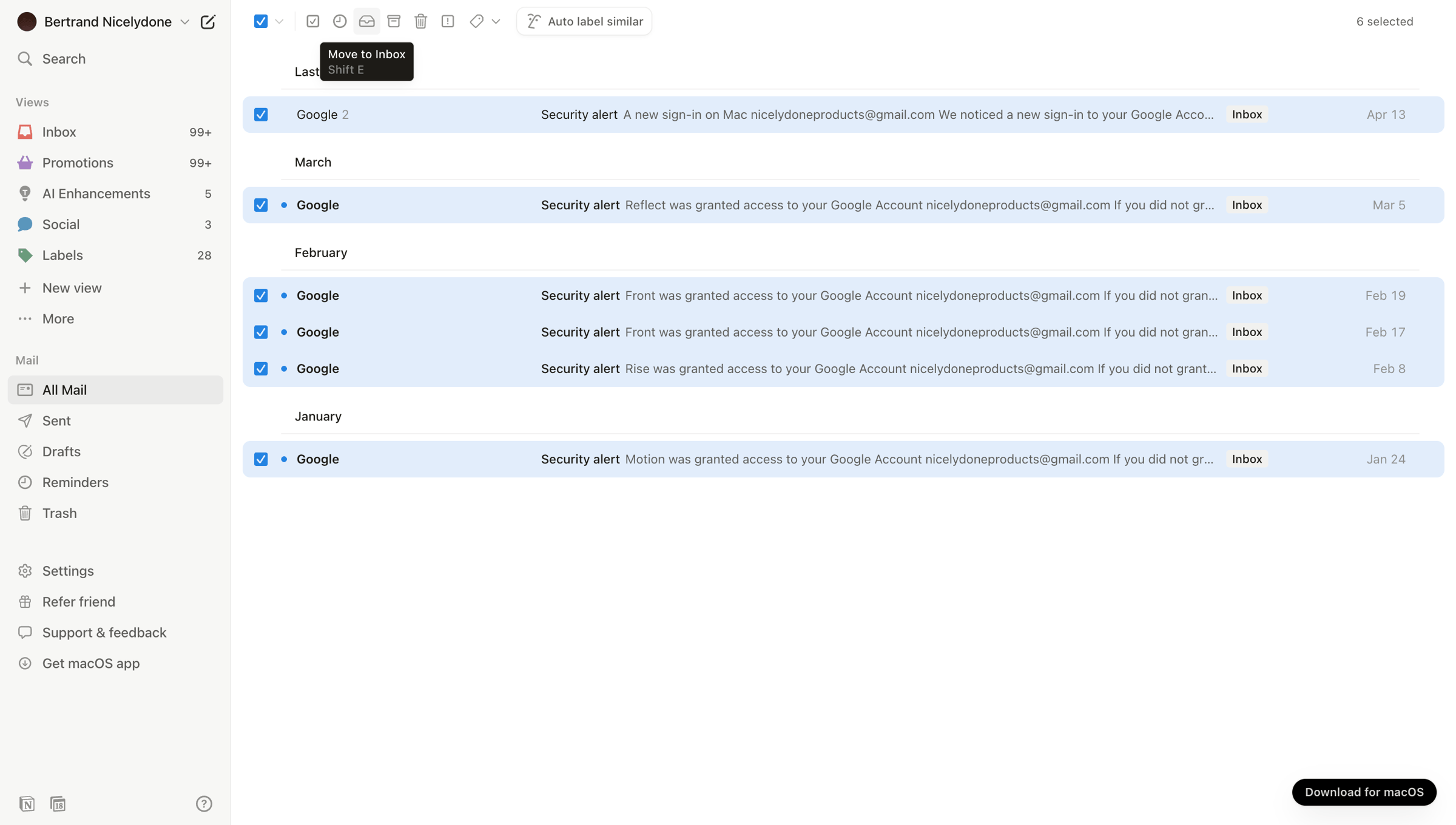Notion Mail - All Mail • nicelydoneproducts@gmail.com • Notion Mail screen