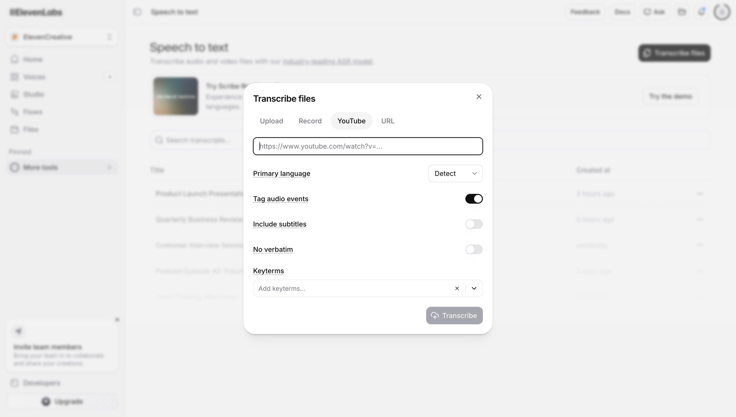 Elevenlabs - Speech to text | ElevenLabs screen