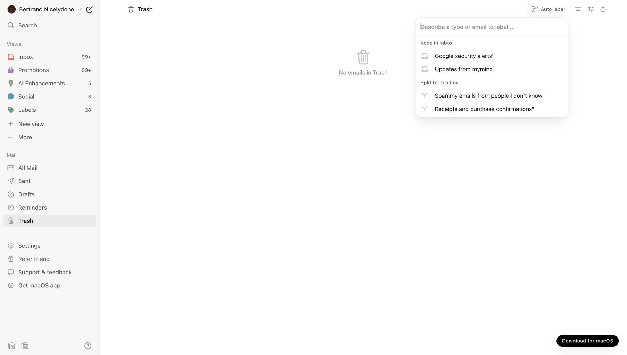 Notion Mail - Trash • nicelydoneproducts@gmail.com • Notion Mail screen