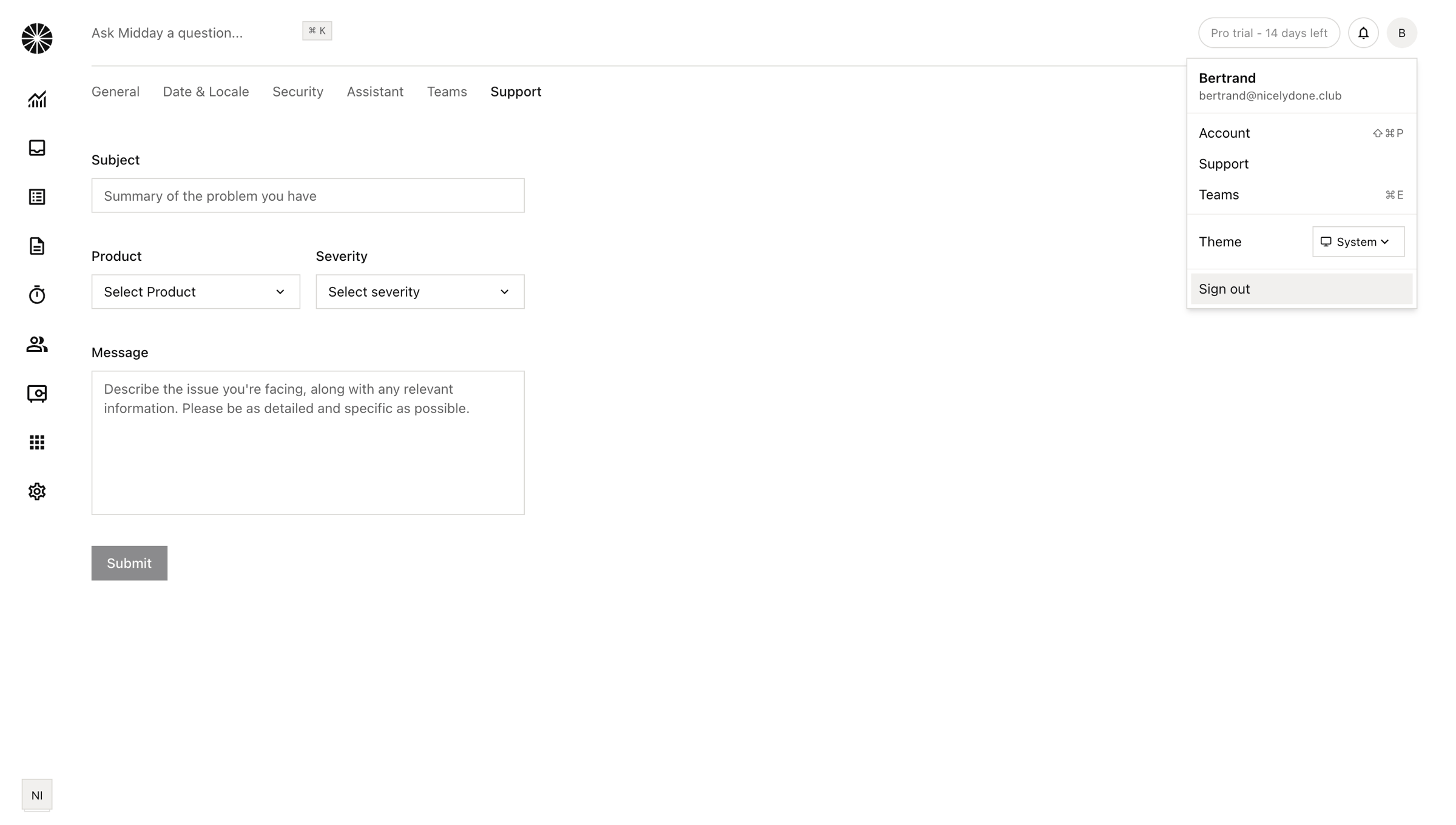 Midday - Support | Midday screen