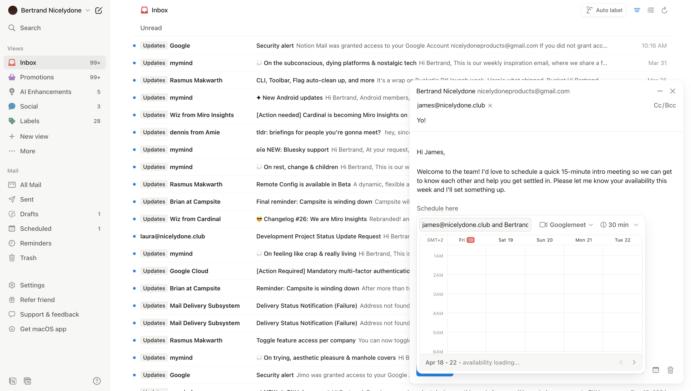 Notion Mail - 99+ • Inbox • nicelydoneproducts@gmail.com • Notion Mail screen