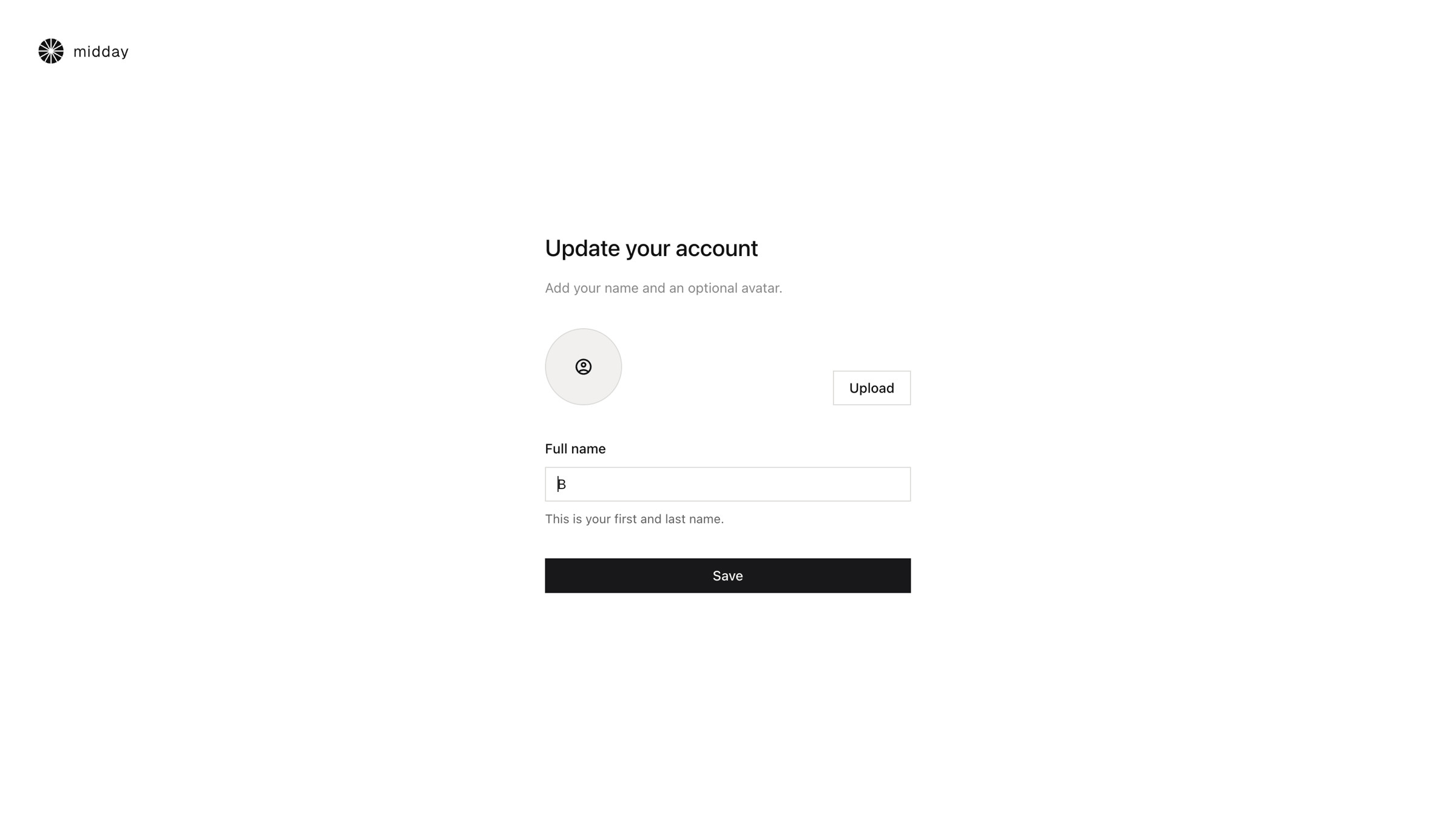 Midday - Setup account | Midday screen