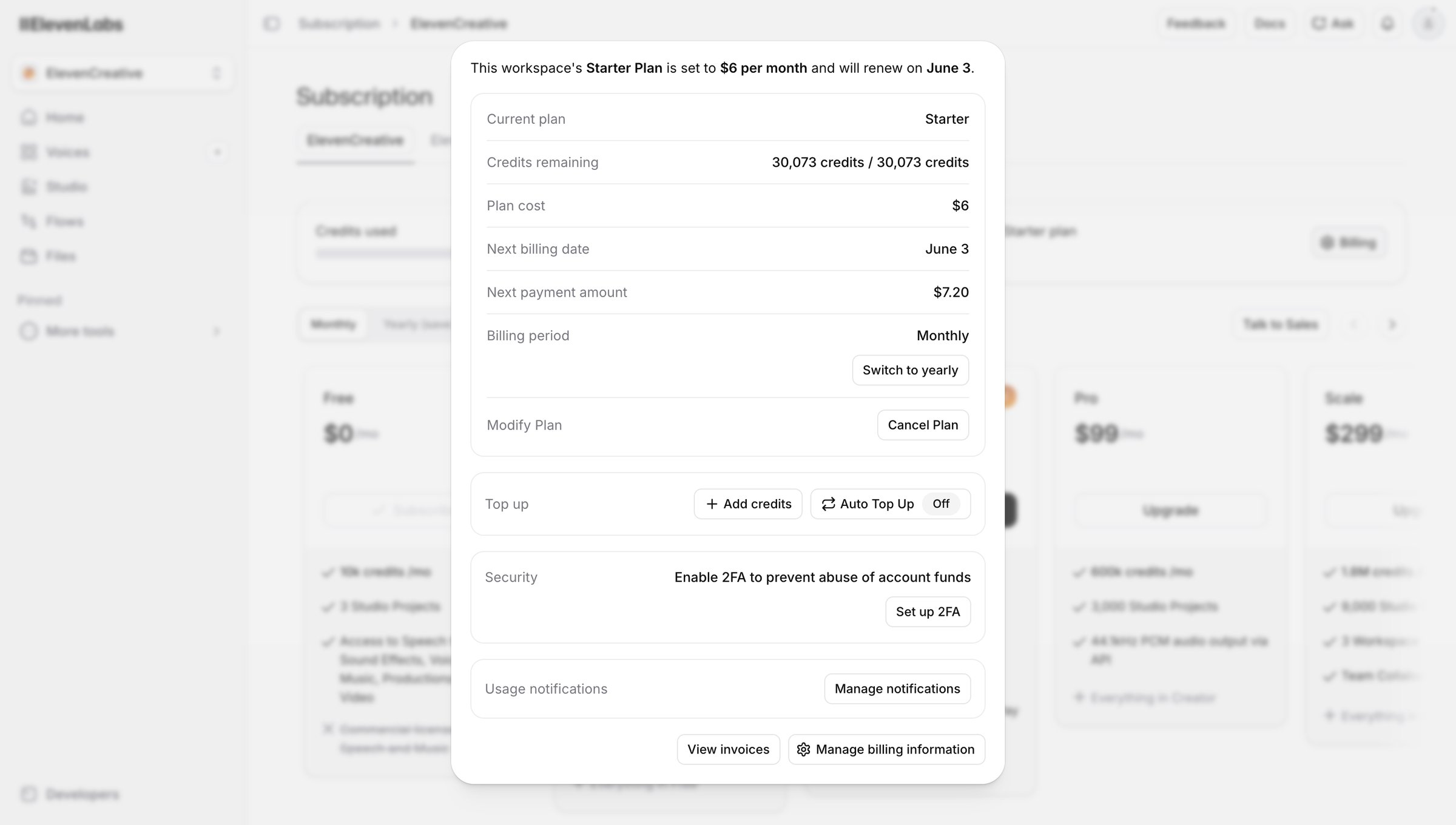 Elevenlabs - Subscription | ElevenLabs screen