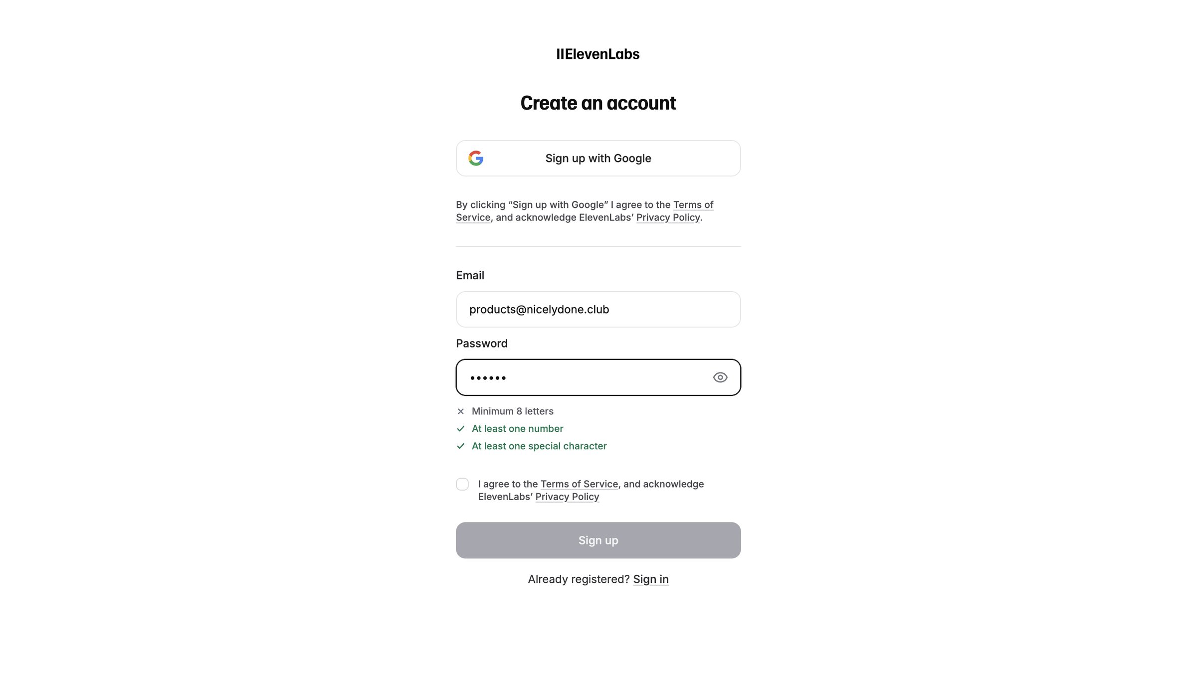Elevenlabs - Sign Up | ElevenLabs screen