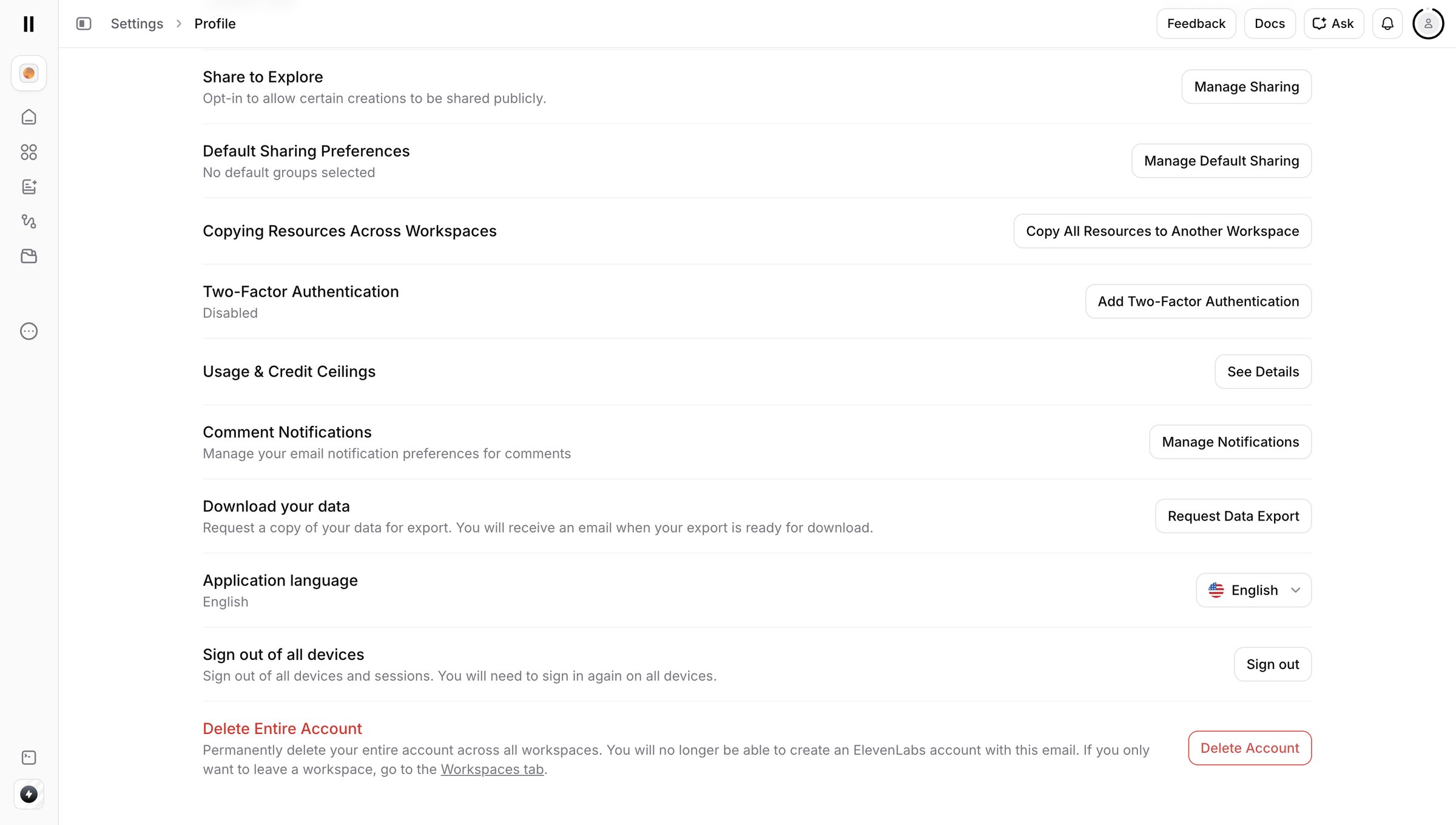 Elevenlabs - Settings | ElevenLabs screen