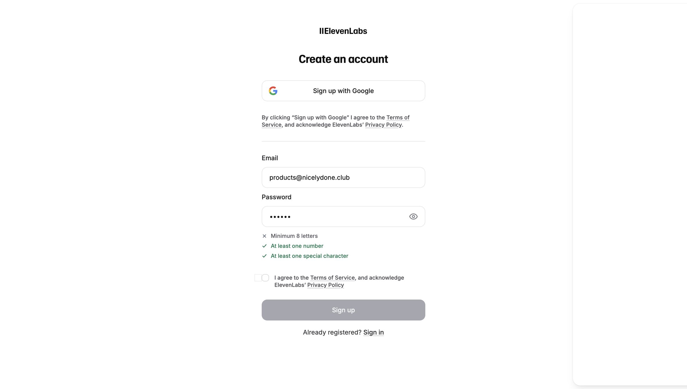 Elevenlabs - Sign Up | ElevenLabs screen