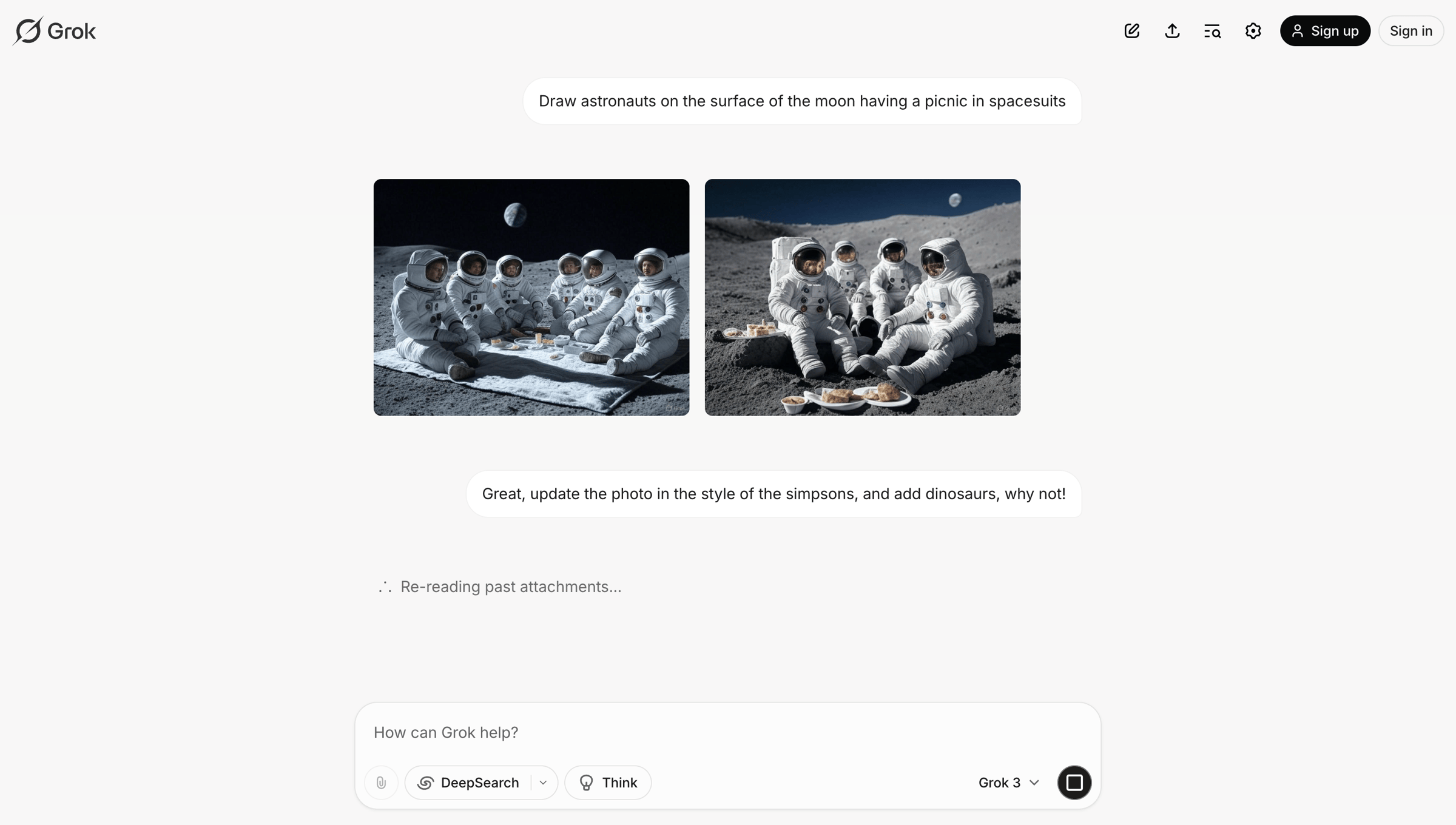 Grok - Astronauts' Moon Picnic in Spacesuits - Grok screen