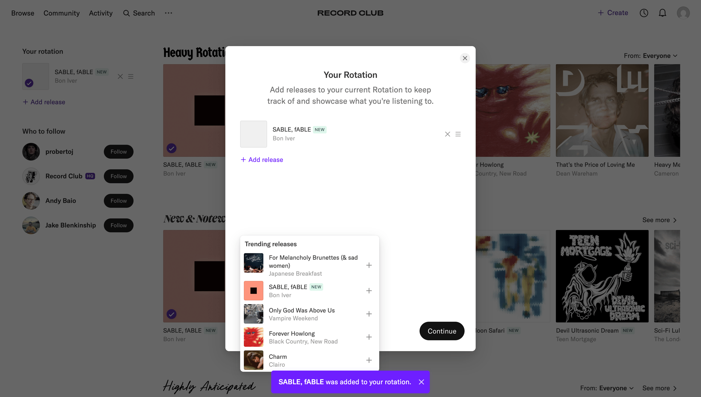 Record club - Record Club screen